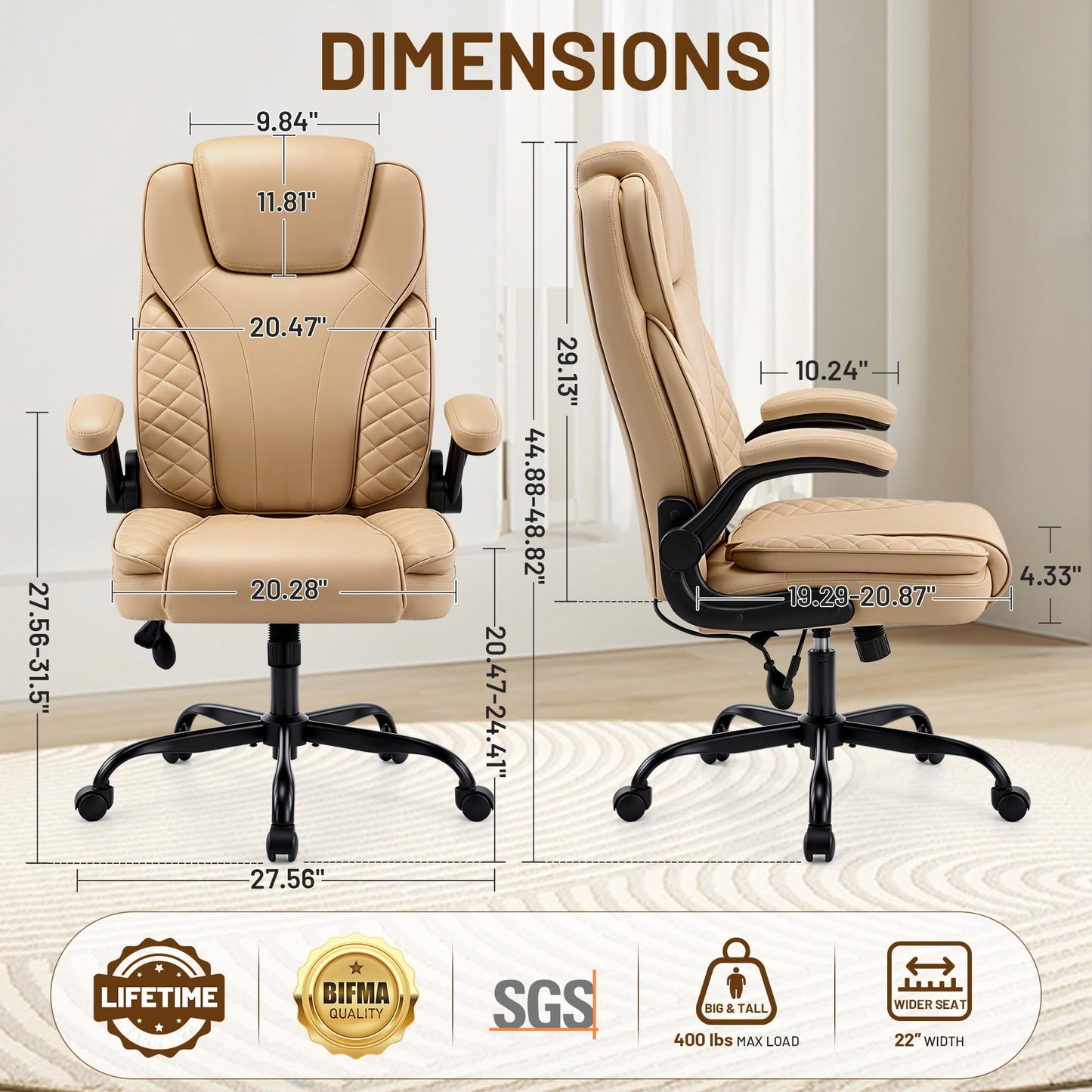 Hayelf Ergonomic Office Chair, PU Leather High Back Executive Chair with Adjustable Inflatable Lumbar Support and Padded Flip-Up Arms, Recline Swivel Task Computer Chair for Home Office, Khaki