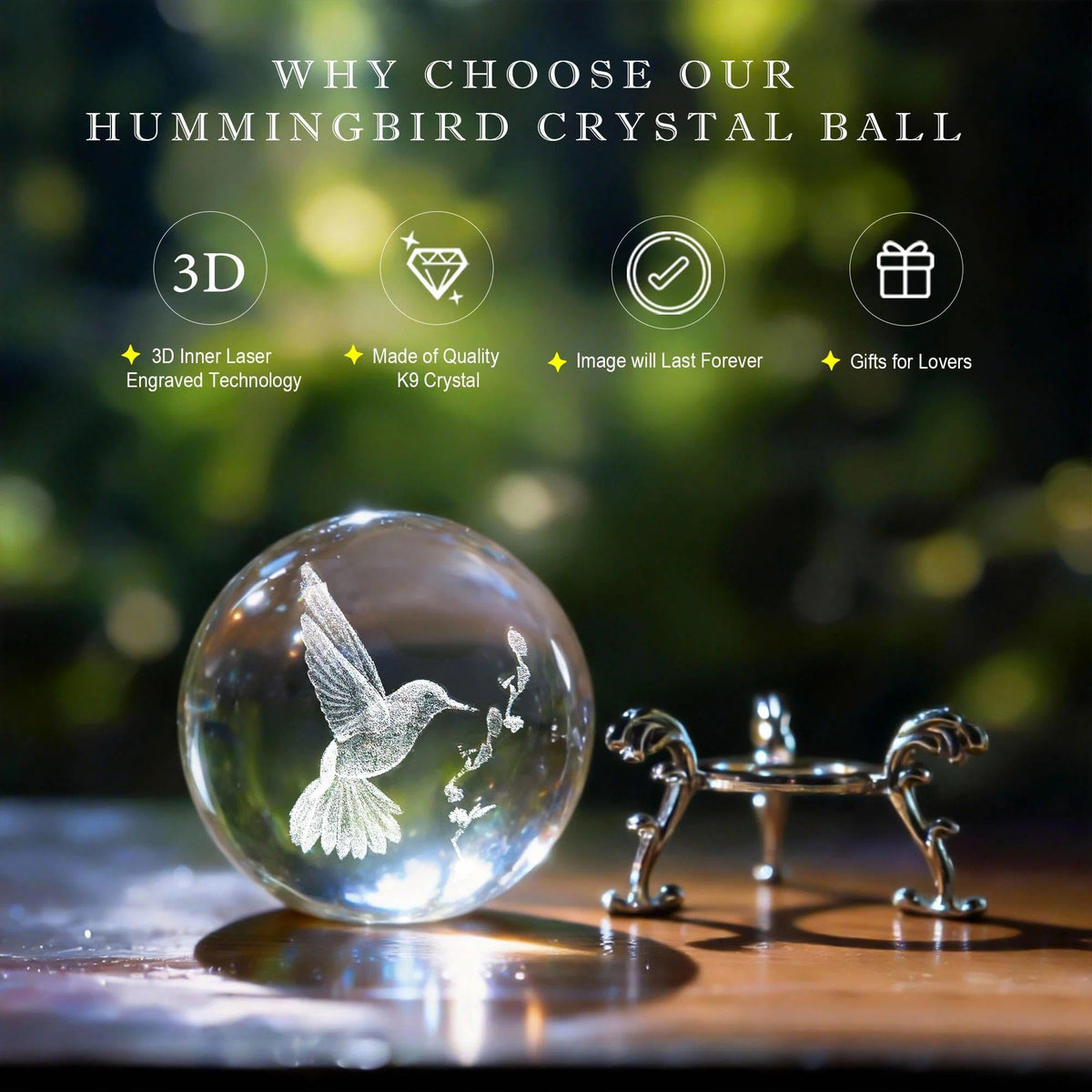 HDCRYSTALGIFTS 3D Laser Engraved Bird Crystal Ball with Stand Paperweight Gift for Women Mom 60mm Crystal Bird Figurine Glass Animal Decorative Ball for Home Room Office Decoration