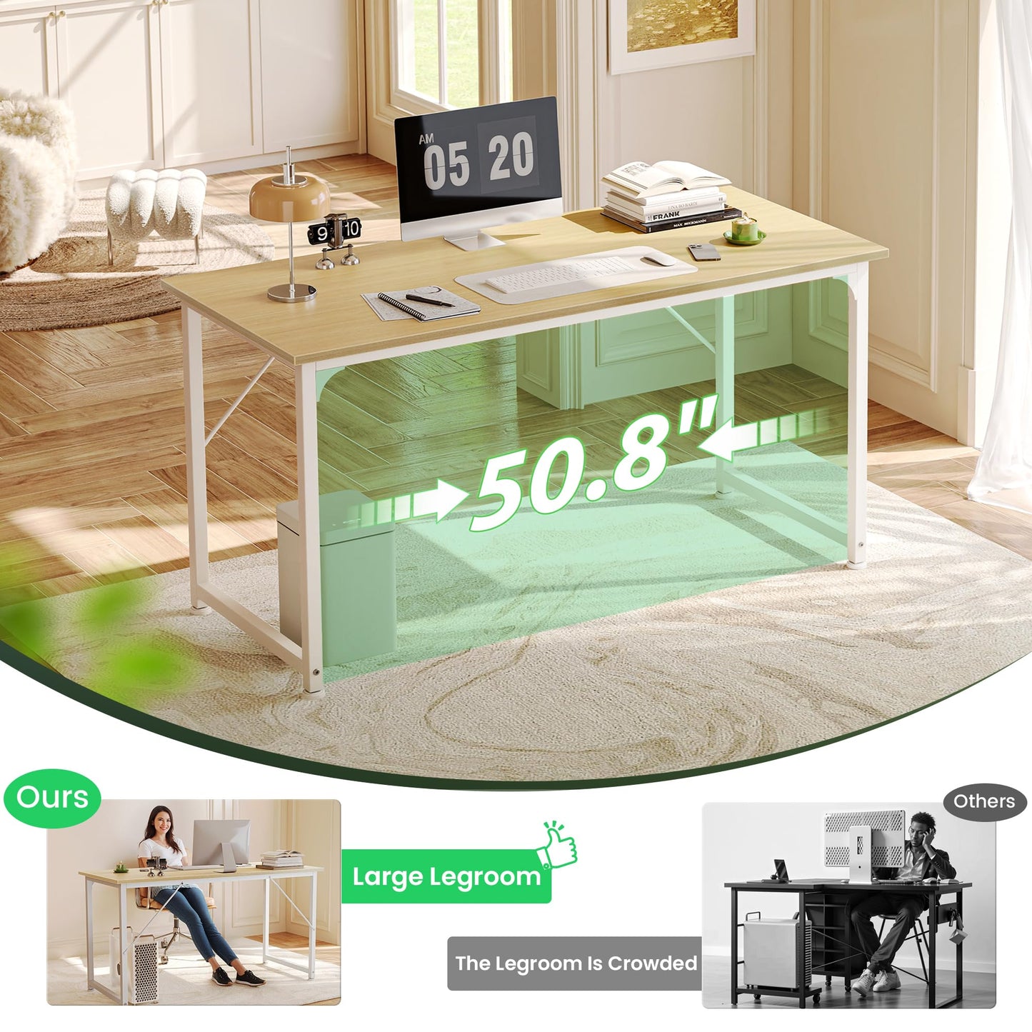 Huuger Computer Desk, 54 Inch Office Desk, Gaming Desk with Storage, Writing Desk Work Desk for Home Office, Study, Modern Simple Desk, Large Legroom, Metal Frame, Maple