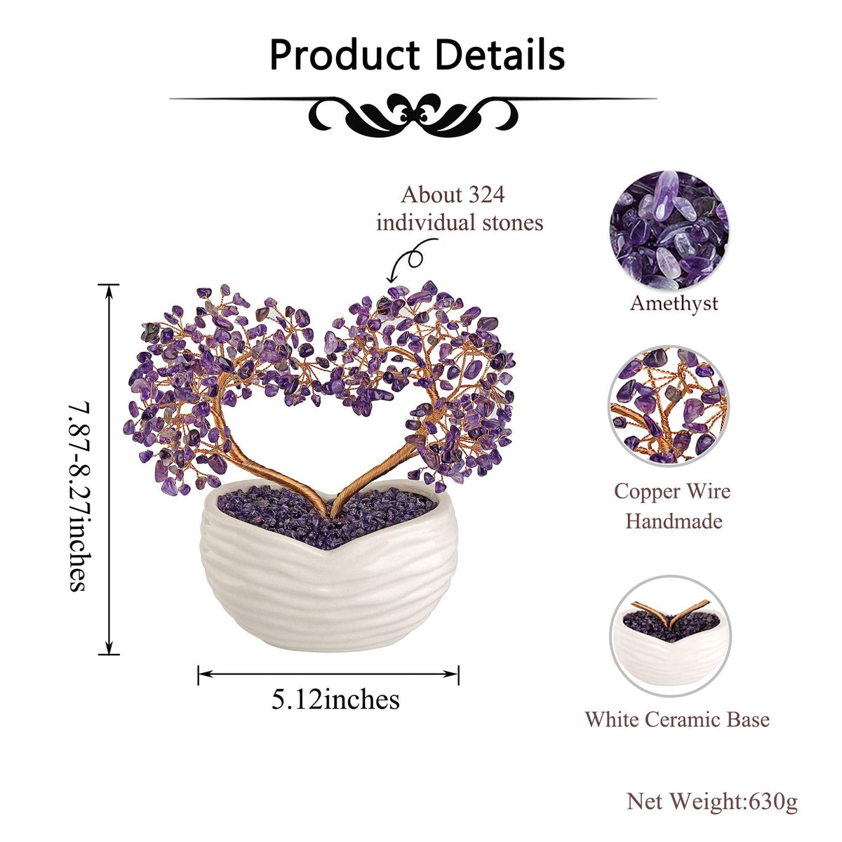 GEHECRST Amethyst Crystals Heart Money Tree Reiki Healing Gemstones Quartz Bonsai Tree Feng Shui Crystal Ornament for Home Desk Decoration Love Heart Crystal Gifts for Mom Christmas Day Her Women