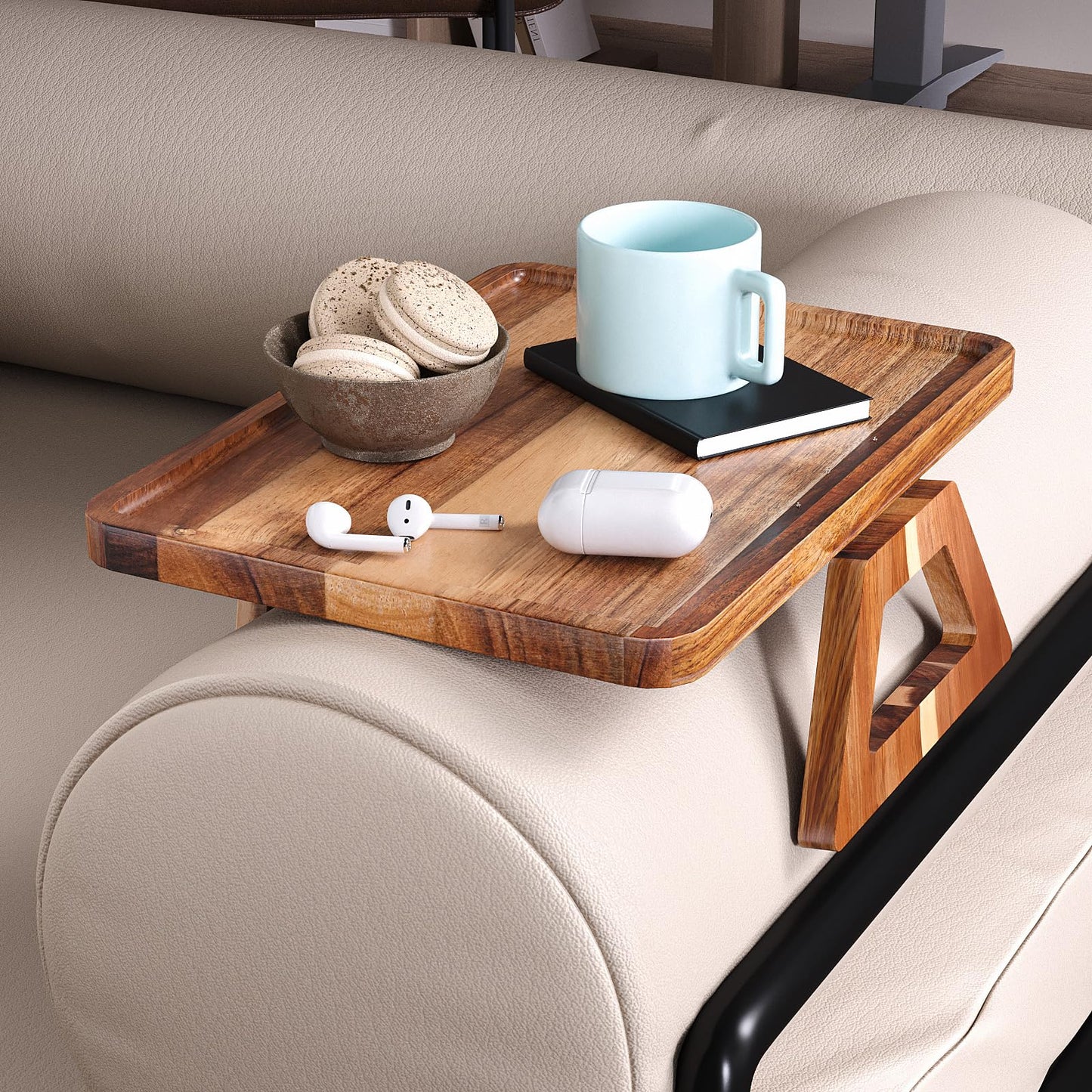 Danfoxer Acacia Wood Couch Arm Tray,Folding Sofa Armrest Tray,Couch Arm Table Clip-On Couch Desk for Drinks, Snacks,Phone,Remote Control