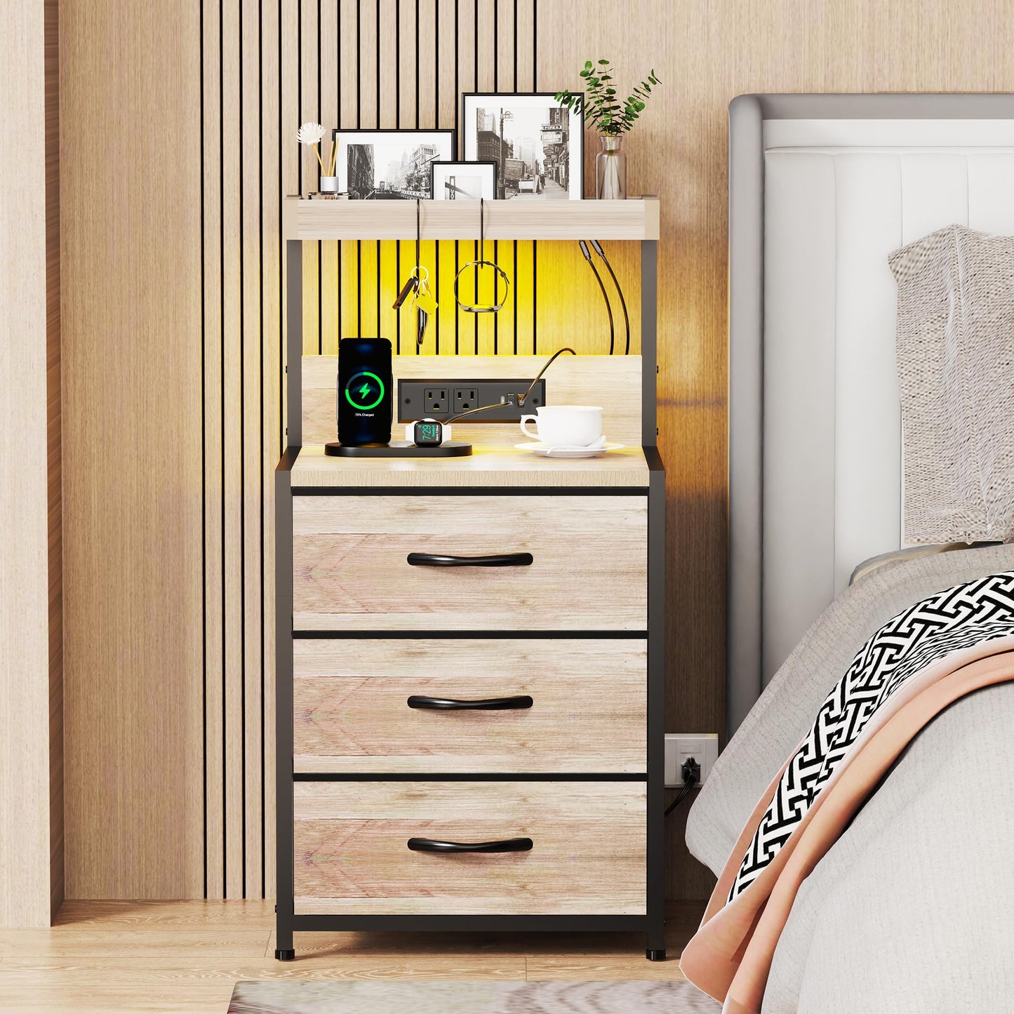 SZLHANJZ Night Stand Set 2 with LED Lights for Bedroom, Bedside Nightstands with Power Outlet and Type C Port, Matching Tables with 3 Fabric Drawers, Hooks, and Shelves, Greige