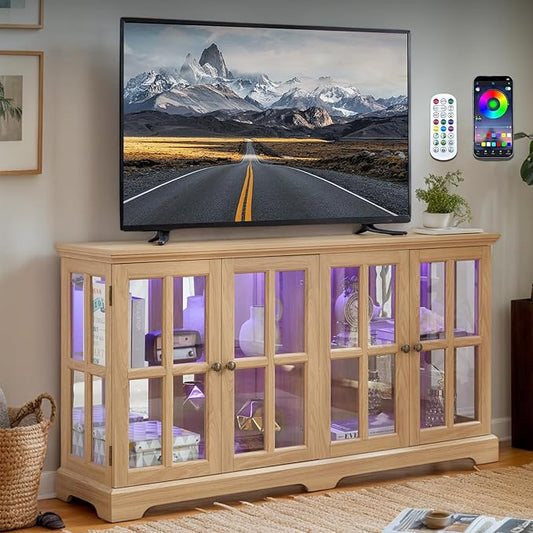59" W LED Curio Cabinet with 7 Color Lights, Vintage Glass Display Case with