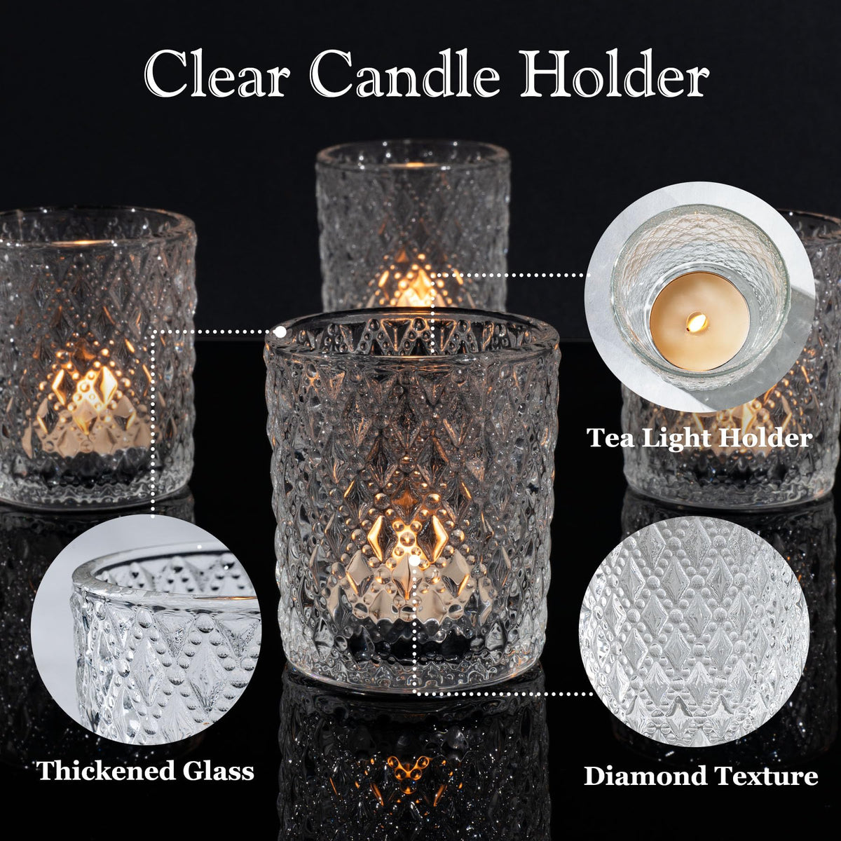 Romcanmy 12Pcs Votive Candle Holders, 2x2.5in Clear Glass Candle Holder with Embossed Diamond for Table Centerpieces, Elegant Small Crystal Tea Light Holders for Wedding Birthday Party Chirstmas Decor
