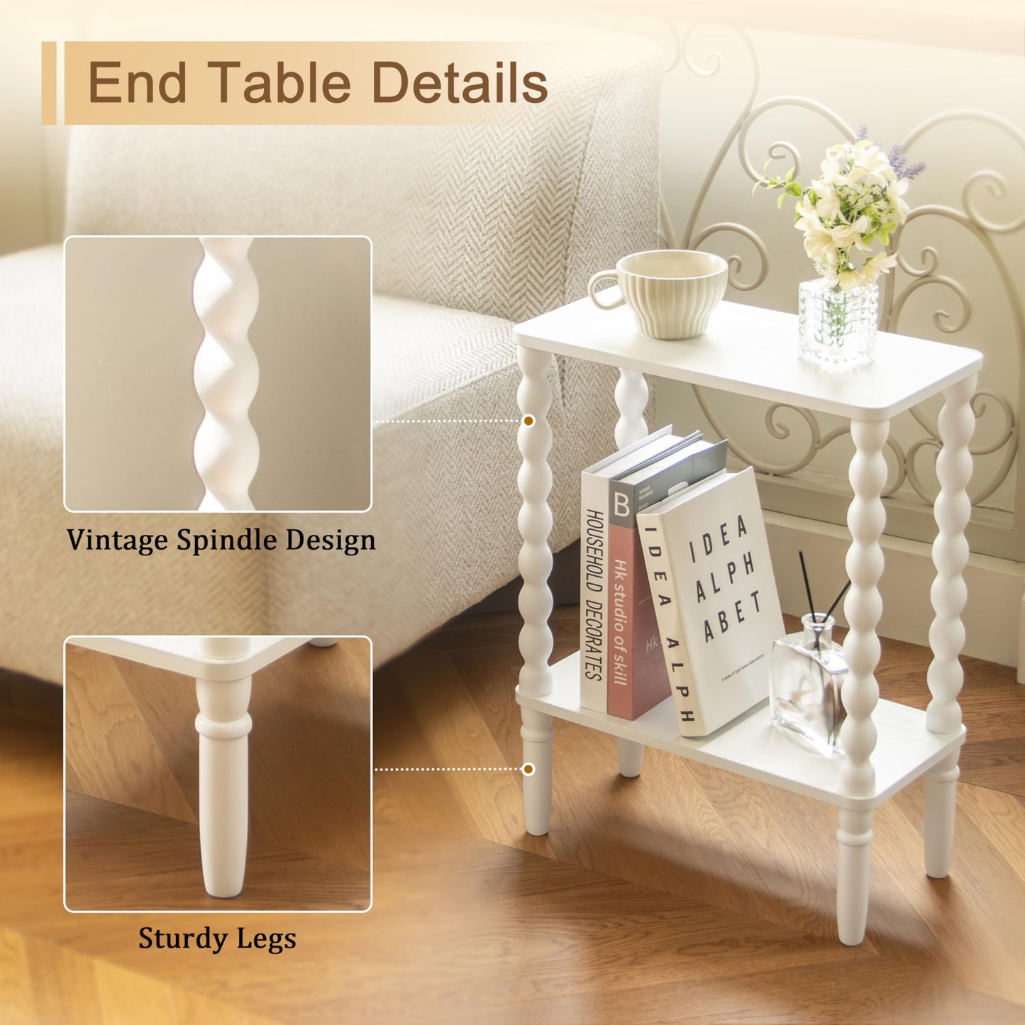 Fultyle Narrow Side Table, Small End Table with 2-Tier Storage, Small Bedside Table Slim Nightstand for Narrow Spaces, Living Room, Bedroom (White)