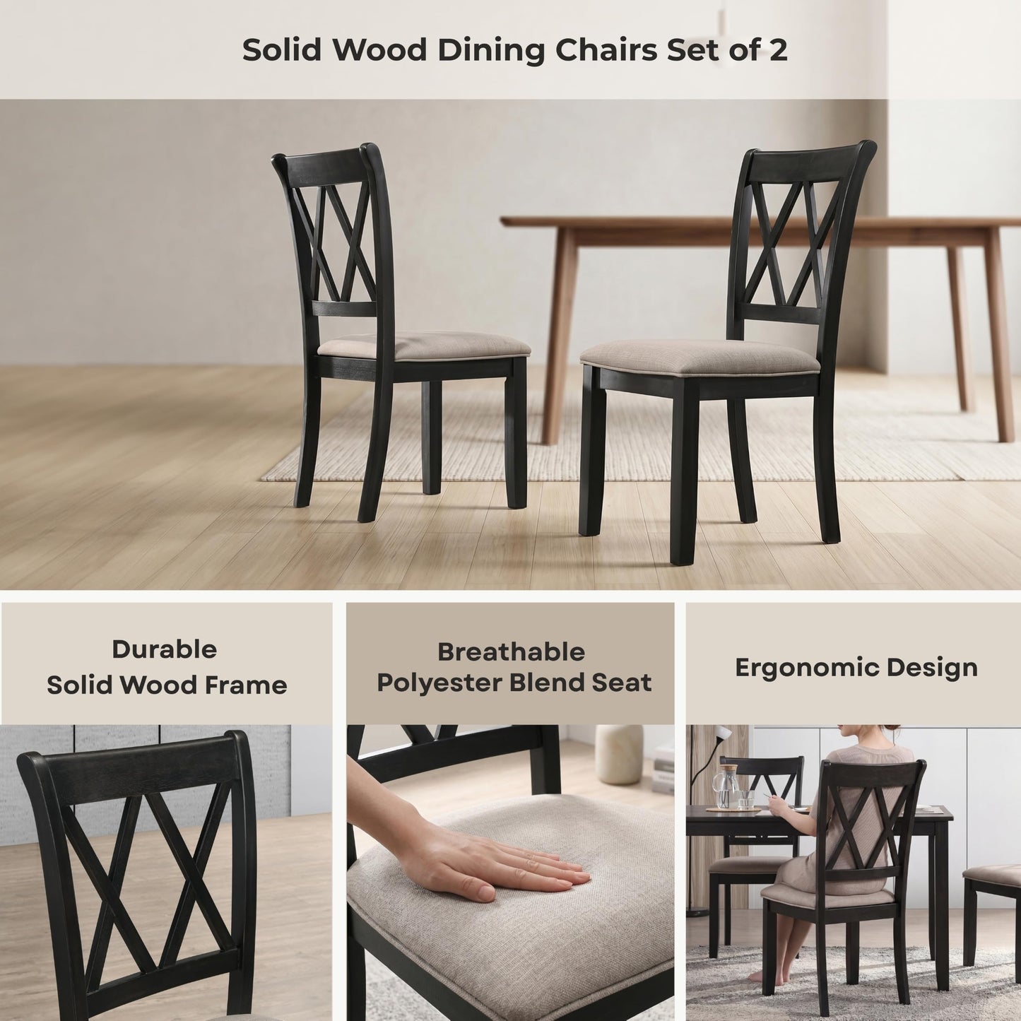 Roundhill Furniture Windvale Fabric Upholstered Dining Chair, Set of 2, Black