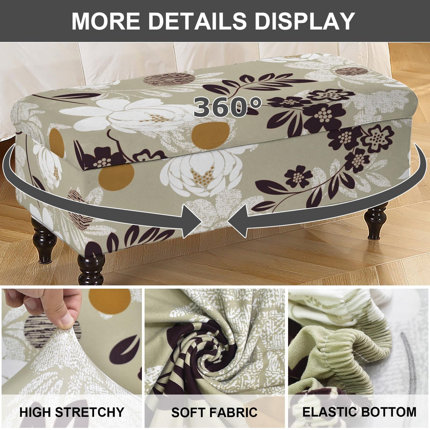 Eco-Ancheng Storage Ottoman Cover Rectangle Ottoman Slipcover Folding Storage Bench Cover Footrest Stool Slipcover Footstool Furniture Protector with Nonslip Elastic Bottom for Living Room (Medium 07)
