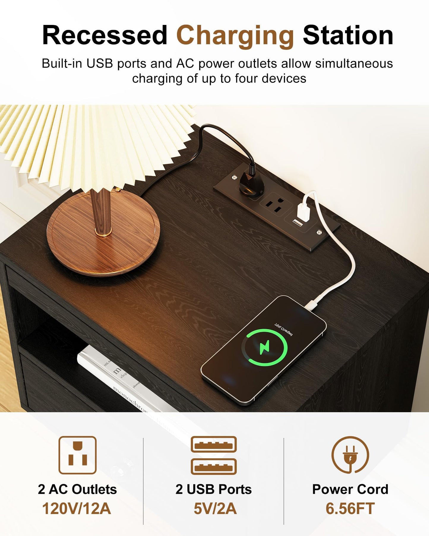 Floating Nightstand with Charging Station,Modern Bedside Table with Drawers and Extension Panel, Small Wall Mounted Nightstands for Bedroom Room，Floating Sofa Side Table（ Black ）