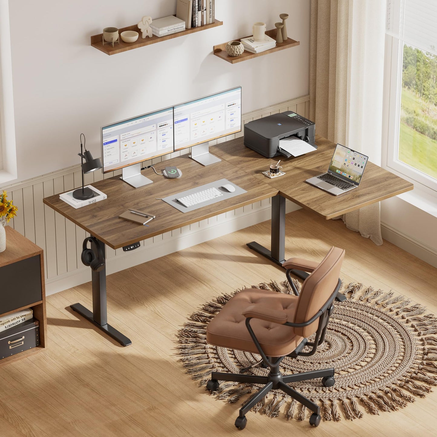Agilestic 55 Inch Reversible L Shaped Standing Desk, Electric Height Adjustable Desk with Memory Preset, Sit Stand Up Computer Workstation for Home Office, Splice Board, Dark Walnut