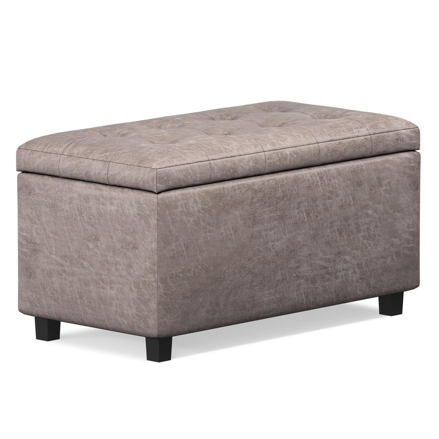 SIMPLIHOME Cosmopolitan Storage Ottoman - 34 inch Wide Upholstered Vegan Leather Rectangle Storage Ottoman Bench in Distressed Grey Taupe, Transitional Tufted Ottoman for Living Room with Lift-Up Lid