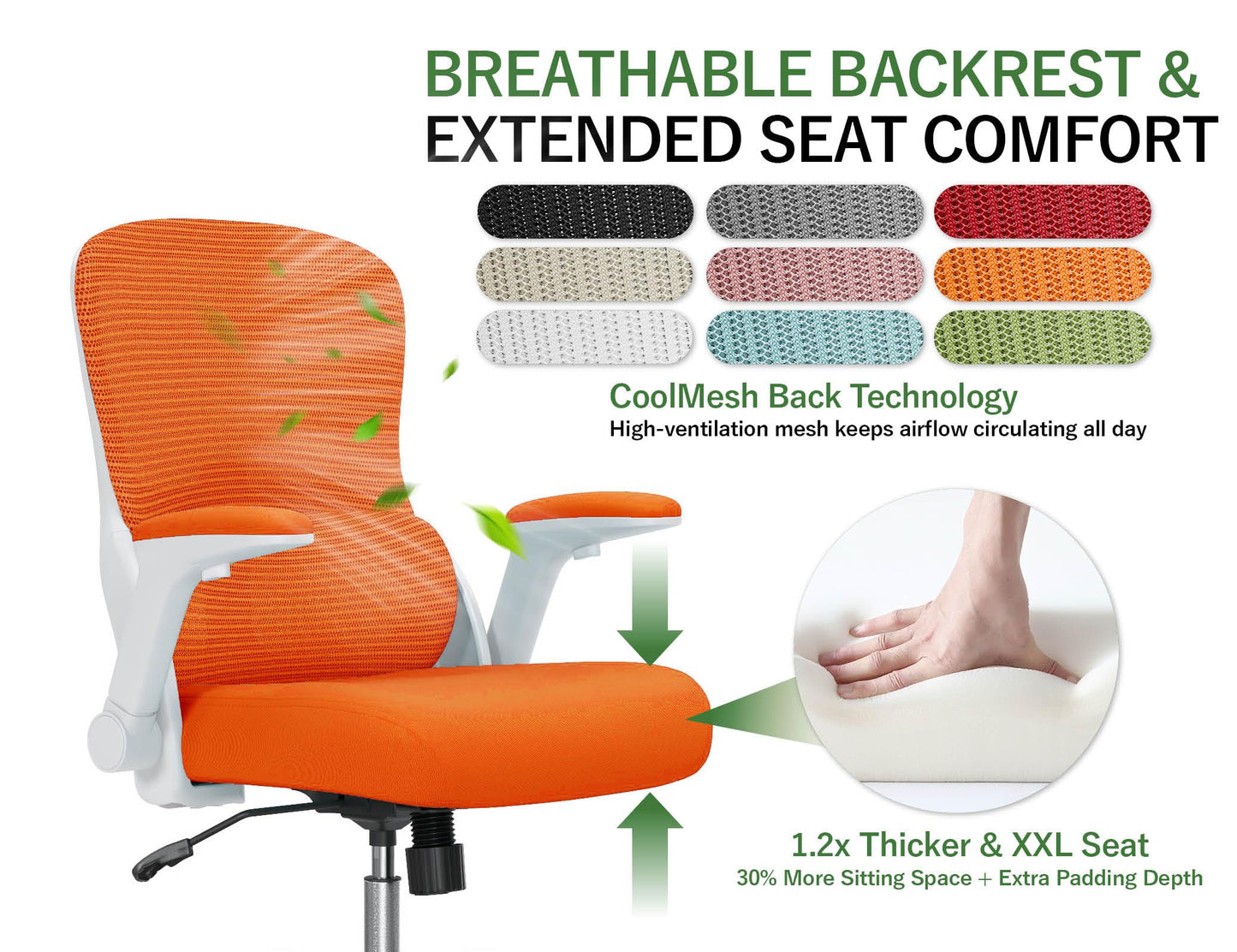 Office Chair Ergonomic Desk Chair Comfy: 400LBS Mesh Computer Chair Ergonomic Gaming Chairs with Wheels Adjustable Lumbar Support and Flip up Armrest-Swivel Executive Chairs Long Hours(Orange)