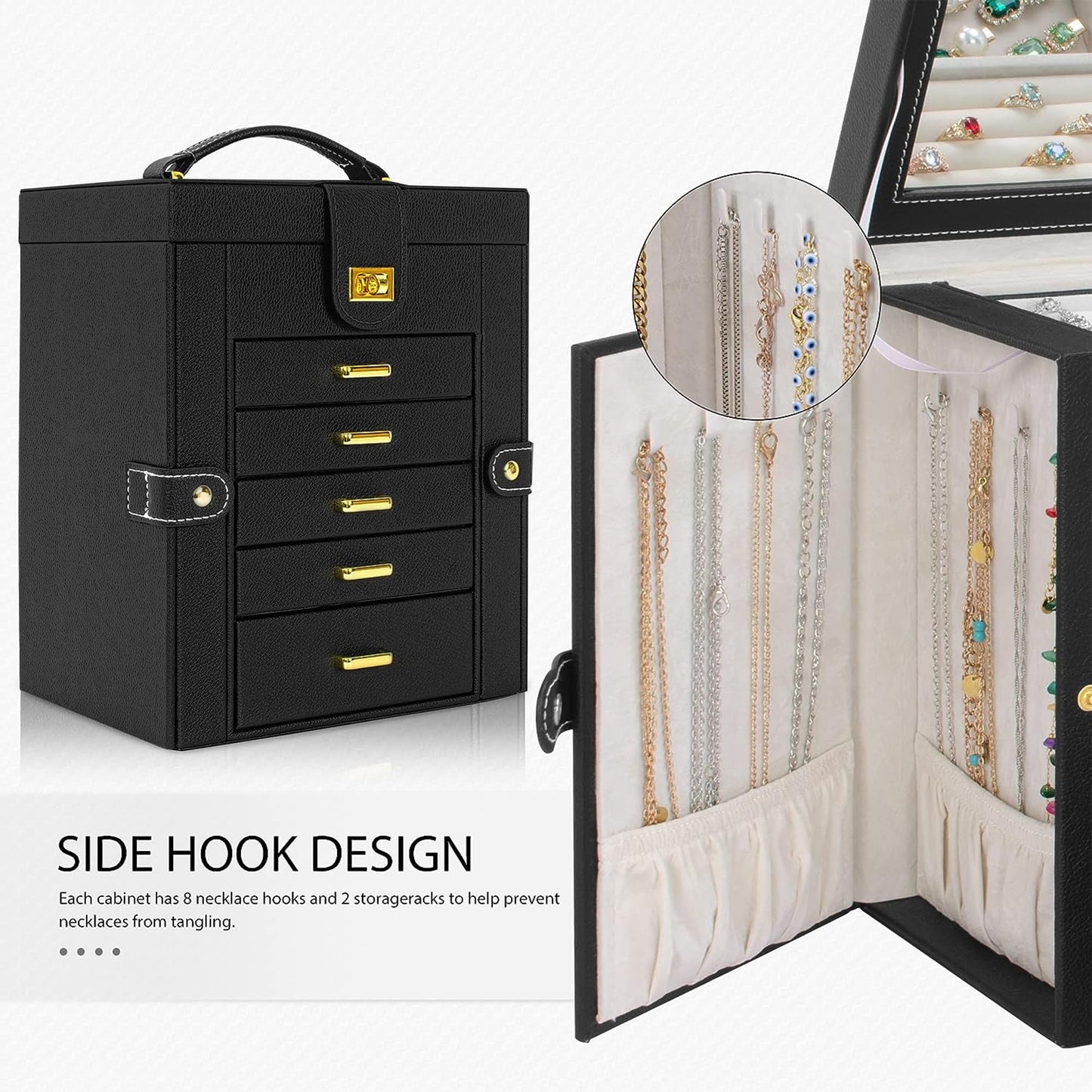 AKOZLIN 6-Tier Jewelry Box Organizer Functional 5 Drawers Leather Jewelry Storage Case for Women Girls Ring Necklace Earring Bracelet Holder Organizer with Mirror Black Regular