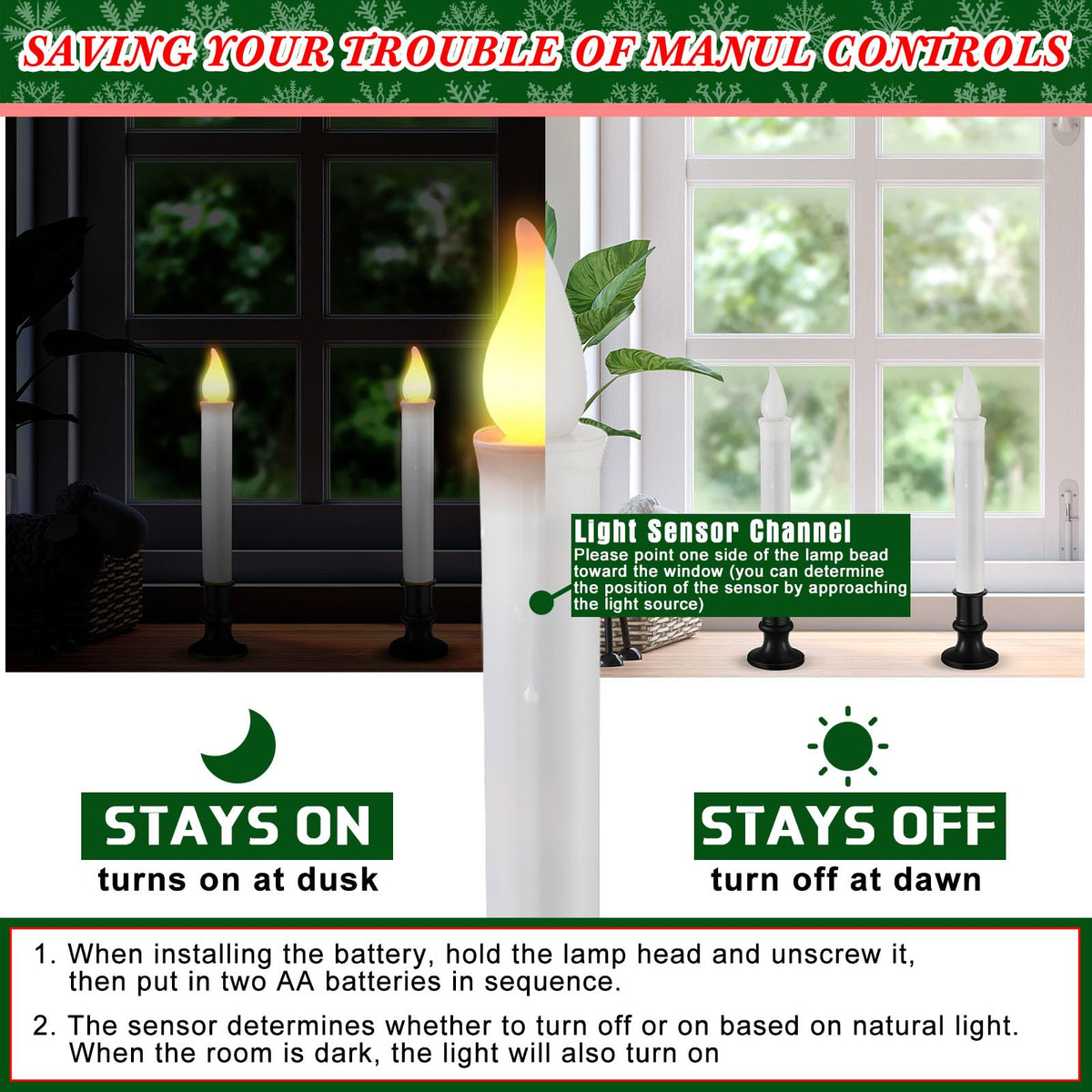 Baquler 8 Pcs Christmas LED Window Candles with Sensor Dusk to Dawn Light Sensor 9.37 Inches Cordless Flameless Battery Taper Candles with Flickering Amber Flame for Xmas Home Decor(Black)