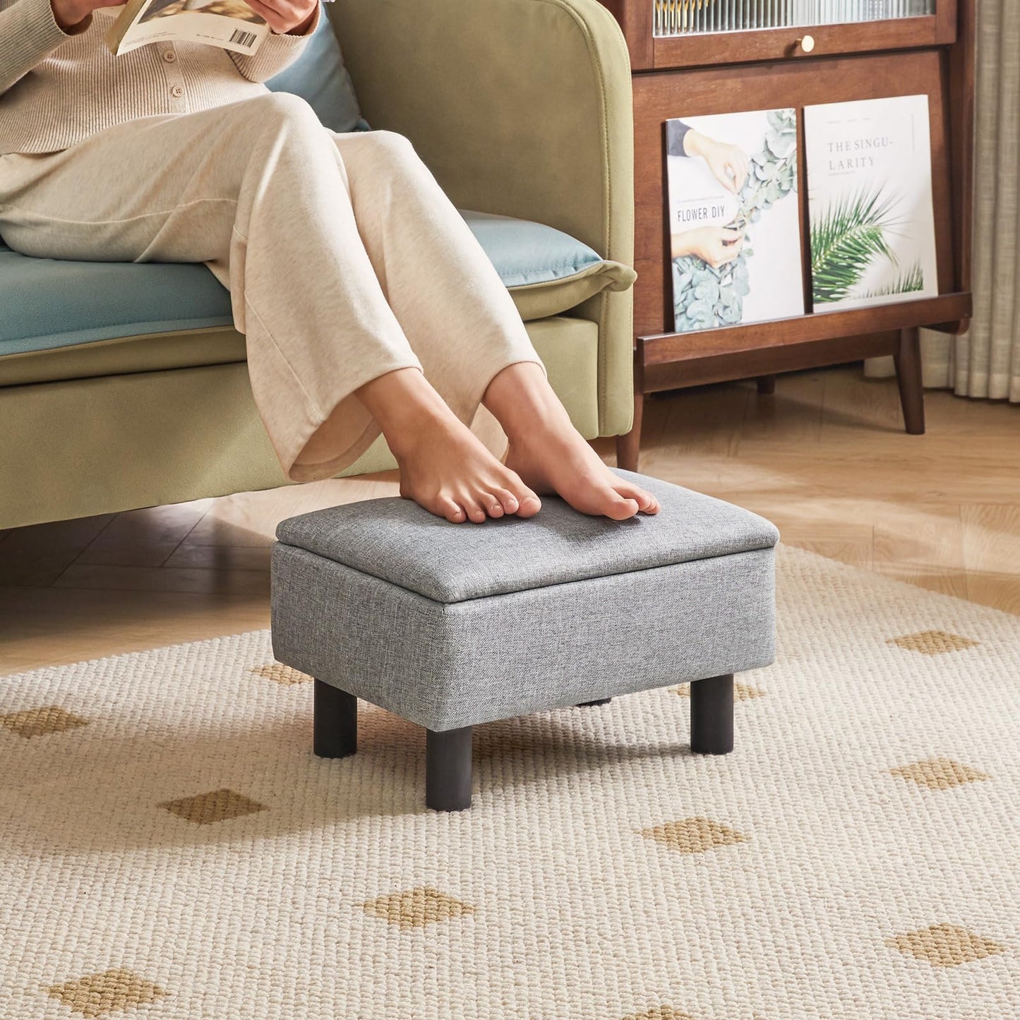 IBUYKE Storage Ottoman Footrest Stool with Linen Fabric, Rectangular, Flip Top Lid, Non-Slip Feet, Compact Design, Stylish and Functional, Gray Blue RF-BD224