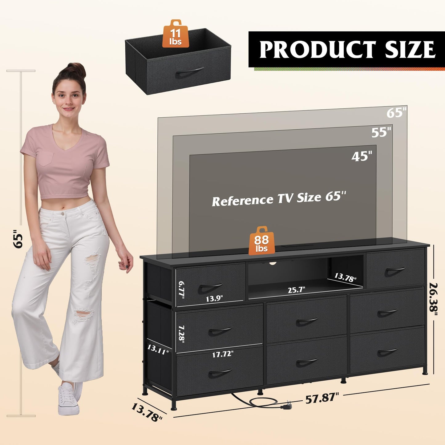 WLIVE Black Dresser TV Stand for 50, 55, 65 inch TV, Entertainment Center with LED Lights & Charging Station, Chest of Drawers with 8 Fabric Drawers and Open Shelves for Living Room, Hallway, Wood Top