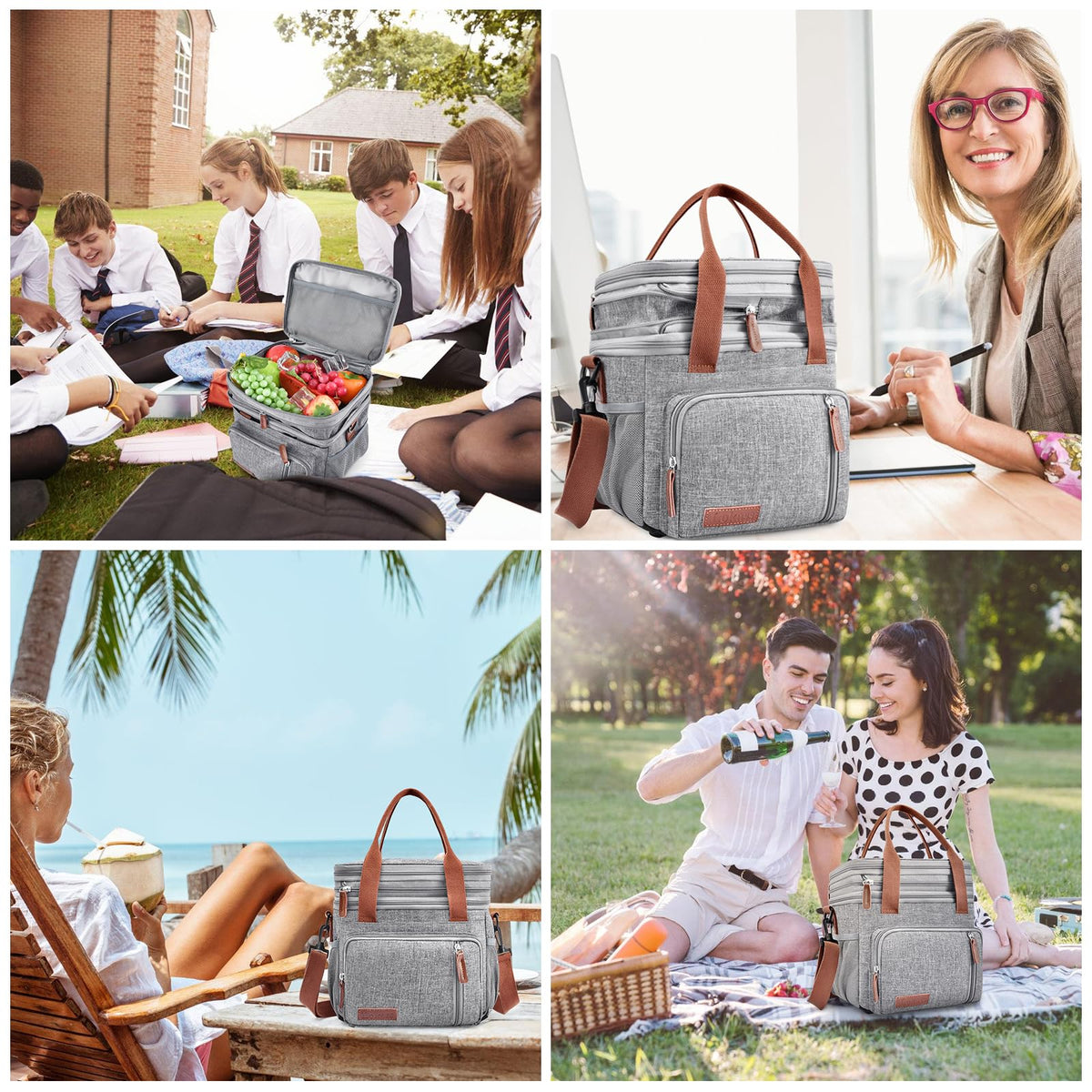 Lunch Box & Lunch Bag for Women Men, Expandable Large Insulated Adult Lunch Bag with Strap, Double Deck Leakproof Lunchbox Durable Cooler Bags for Work Picnic Beach,16L, Gray