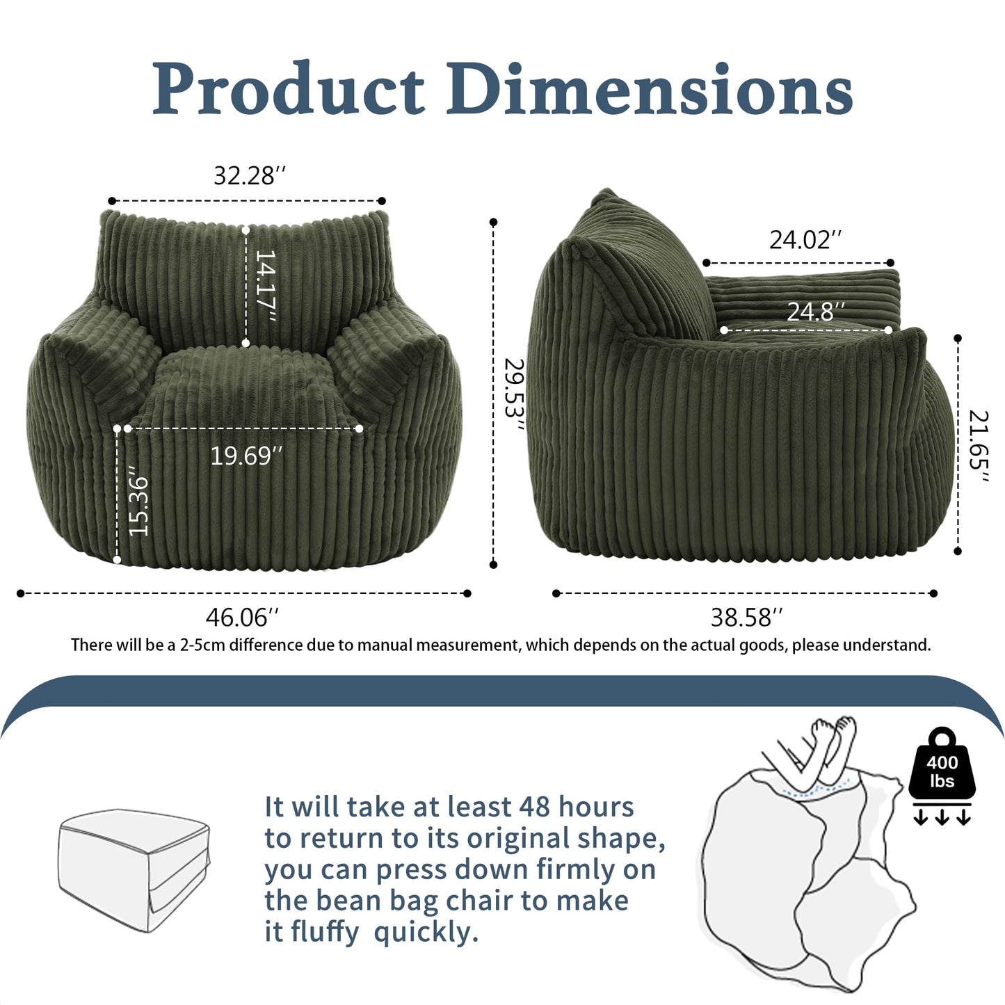 Gericco Giant Plush Bean Bag Chair for Adults with Armrests - Oversized Comfy Green Beanbag Lounge Lazy Floor Sofa Accent Chair for Living Room, Bedroom & Dorm, Cozy Fluffy Single Cloud Mini Couch