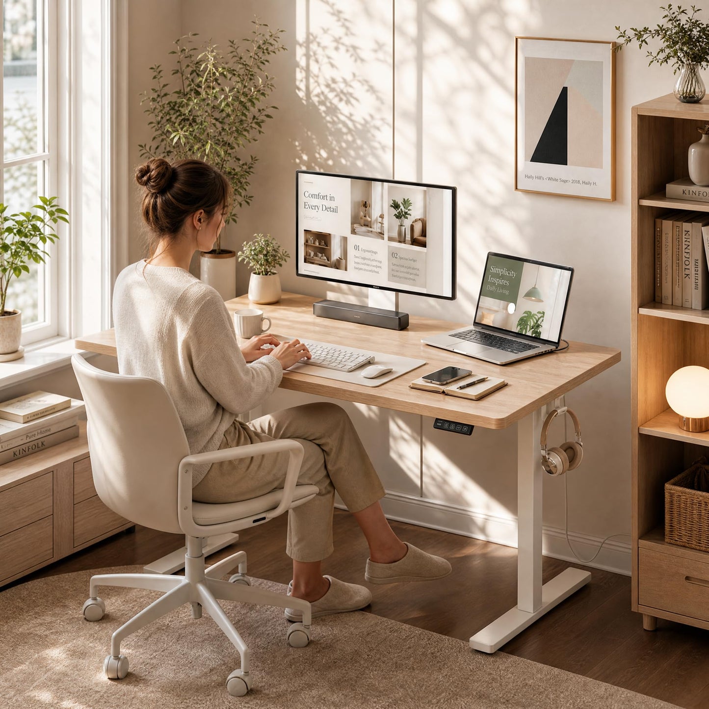 Grandder 55x32 Large Electric Standing Desk, Height Adjustable Computer Desk with 2 Memory Presets, 31.5" Deep Desktop Sit Stand Desk Home Office Desk Workstation Table with Hooks, Maple