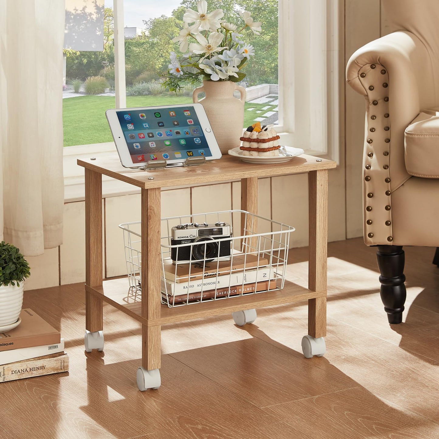 YUFAM 2 Tier Printer Stand with Storage,Under Desk Shelf Printer Table,Small Printer Stand with Wheels,Rolling Printer Cart for Office