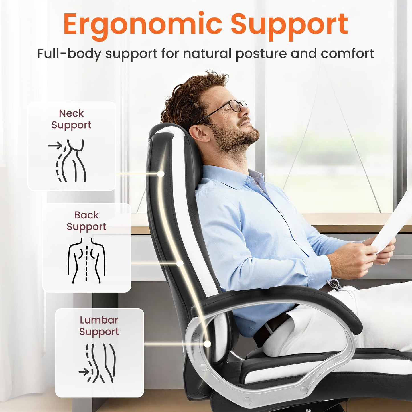 NEO CHAIR Office Desk Ergonomic Gaming Computer Chair High Back Adjustable PU Leather with Lumbar Support, Swivel Rolling Wheels, Executive Managerial Task Chair (Black)