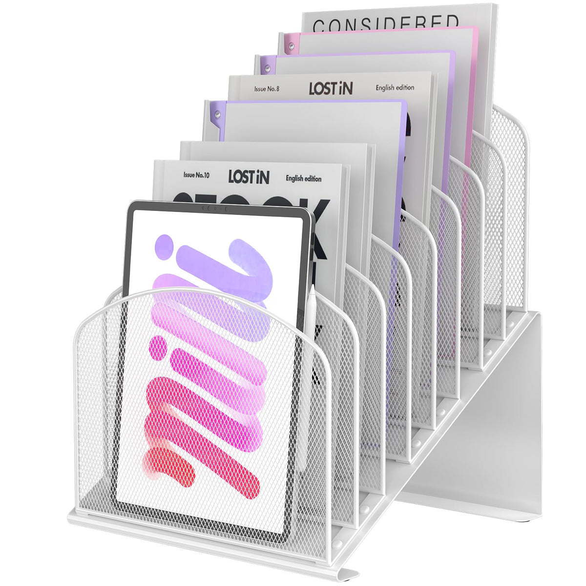 Inclined Desk File Organizer Metal Desk Magazine Folder Holder with 8-Section Vertical Compartments Rack File Organizer for Office, Home, School, White