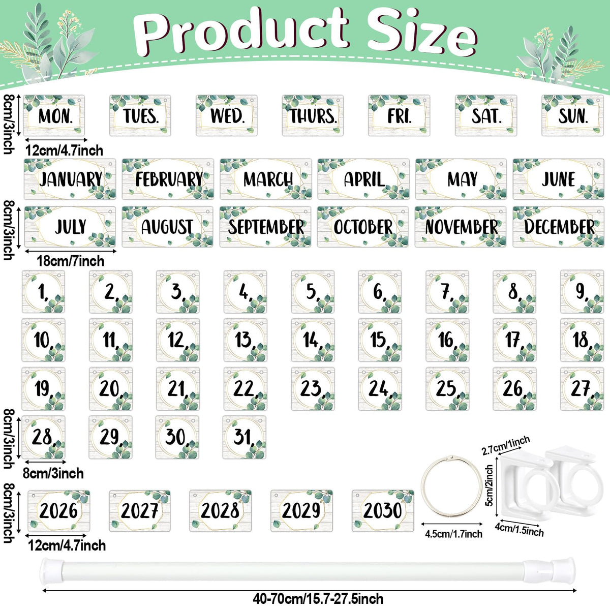 Eucalyptus Flip Calendar for Classroom Bulletin Board Set Greenery Calendar Class Whiteboard Decor with 2026 to 2030 Years Date Cards and Adjustable Rod for Home Elementary School Teacher Supplies