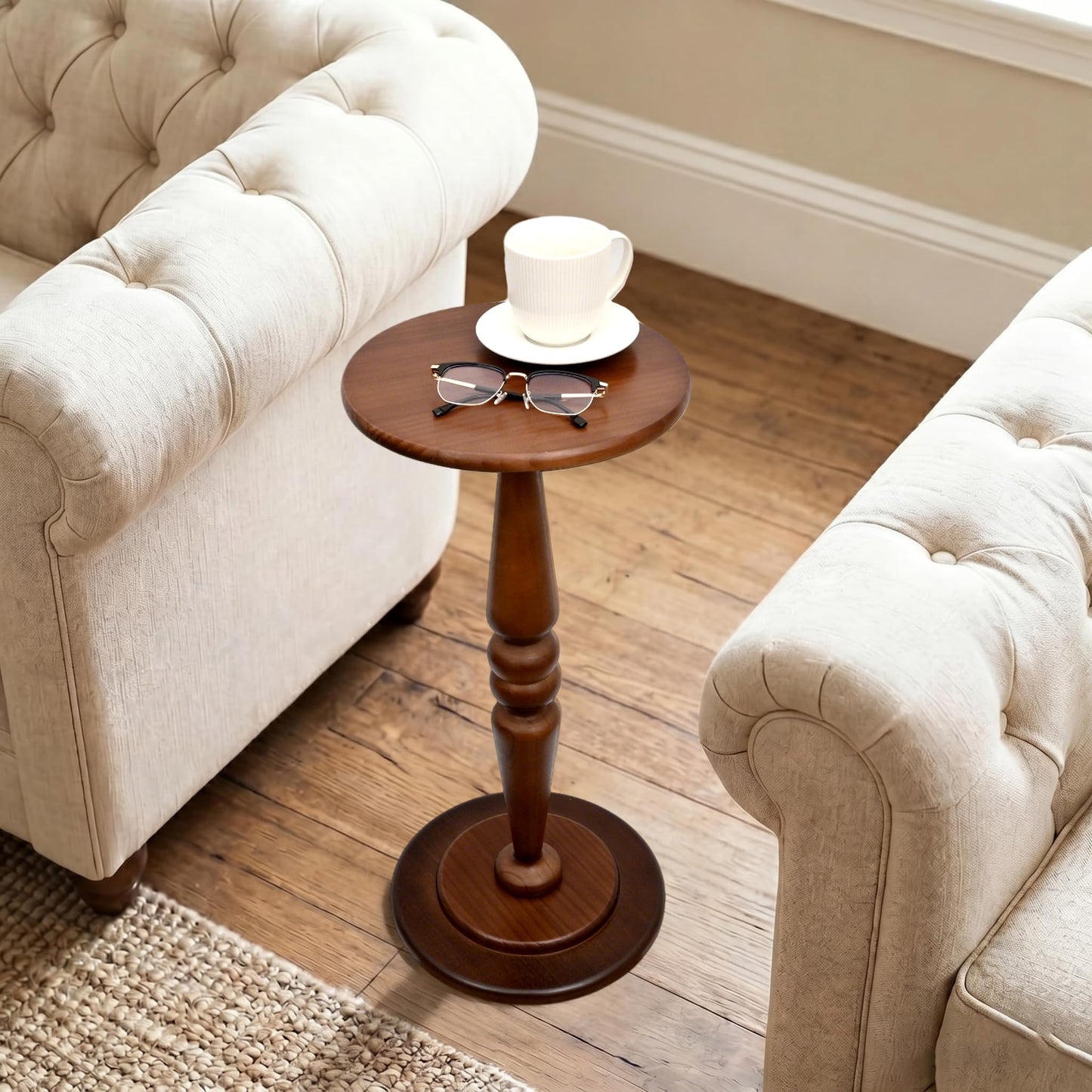 SwallowLiving Round Pedestal Side Table – Solid Pine Wood Drink Table for Small Spaces, 25" Tall Narrow End Table for Living Room & Bedroom, Vintage Brown Accent Furniture (12" Diameter)