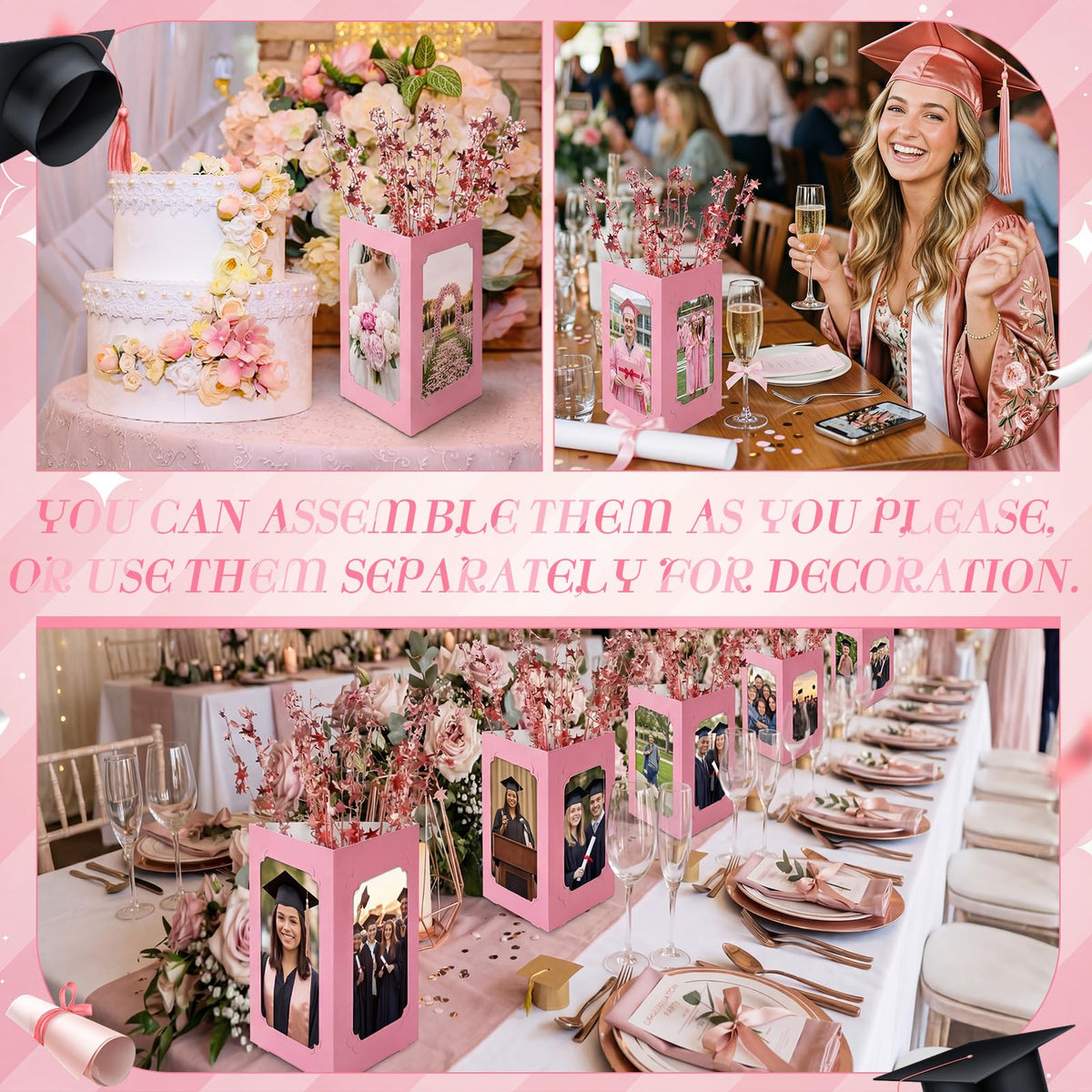 Yinder 16 Pcs 2026 Graduation Centerpieces Decoration Rose Gold and Pink 6/7 Inch Photo Display Frames Box Glitter Metallic Foil Spray Star Tabletop Decor for Class of 2026 Grad Party Decorations