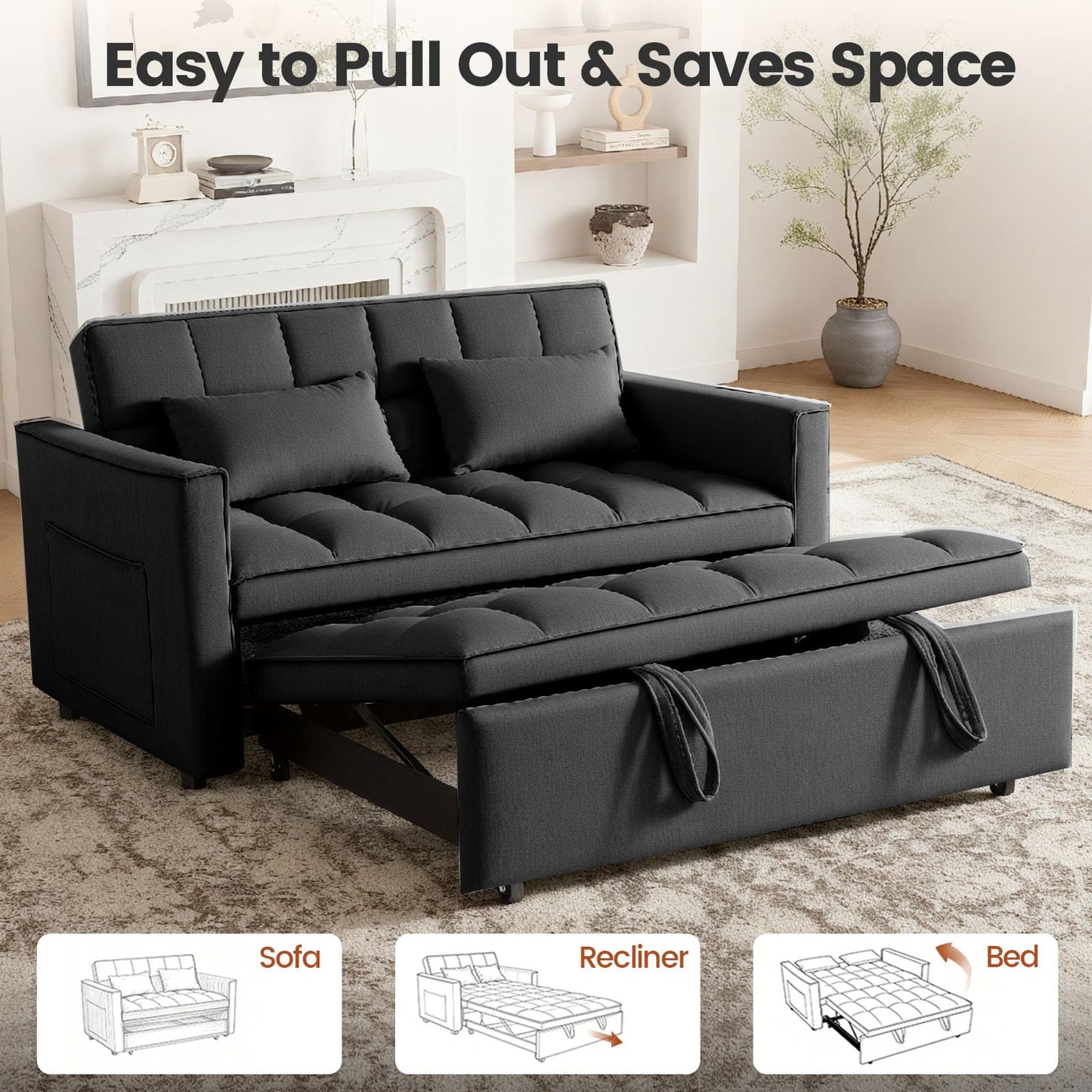 Trygoal 3 in 1 Sofa Bed, Loveseat Sleeper Sofa Bed with Side Pockets, Velvet Fabric Pull Out Couch with Adjustable Backrest for Living Room, Bedroom, Apartment, Black