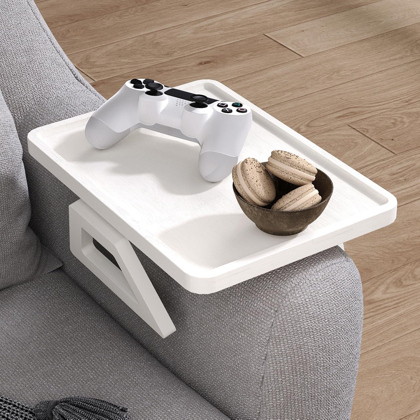 Danfoxer Couch Arm Tray,Bamboo Folding Sofa Tray,Sofa Armrest Trays Clip-On Couch Desk for Drinks,Snacks,Phone,Remote Control（White）