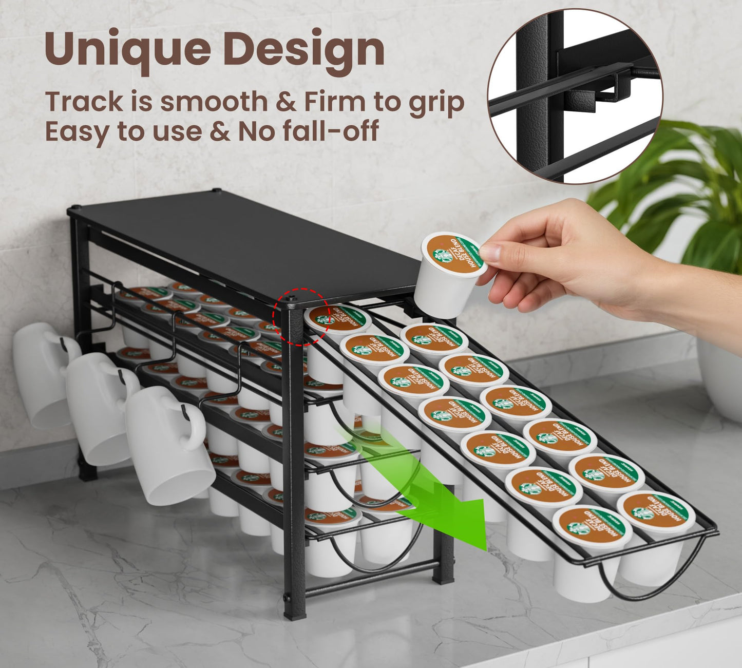 HFHOME Coffee Pod Organizer for Countertop, 4-Tier Metal Storage Drawer, Holds 56 Capsules, Coffee Station Holder for Kitchen, Office, or Home, 3 cup rack, Black