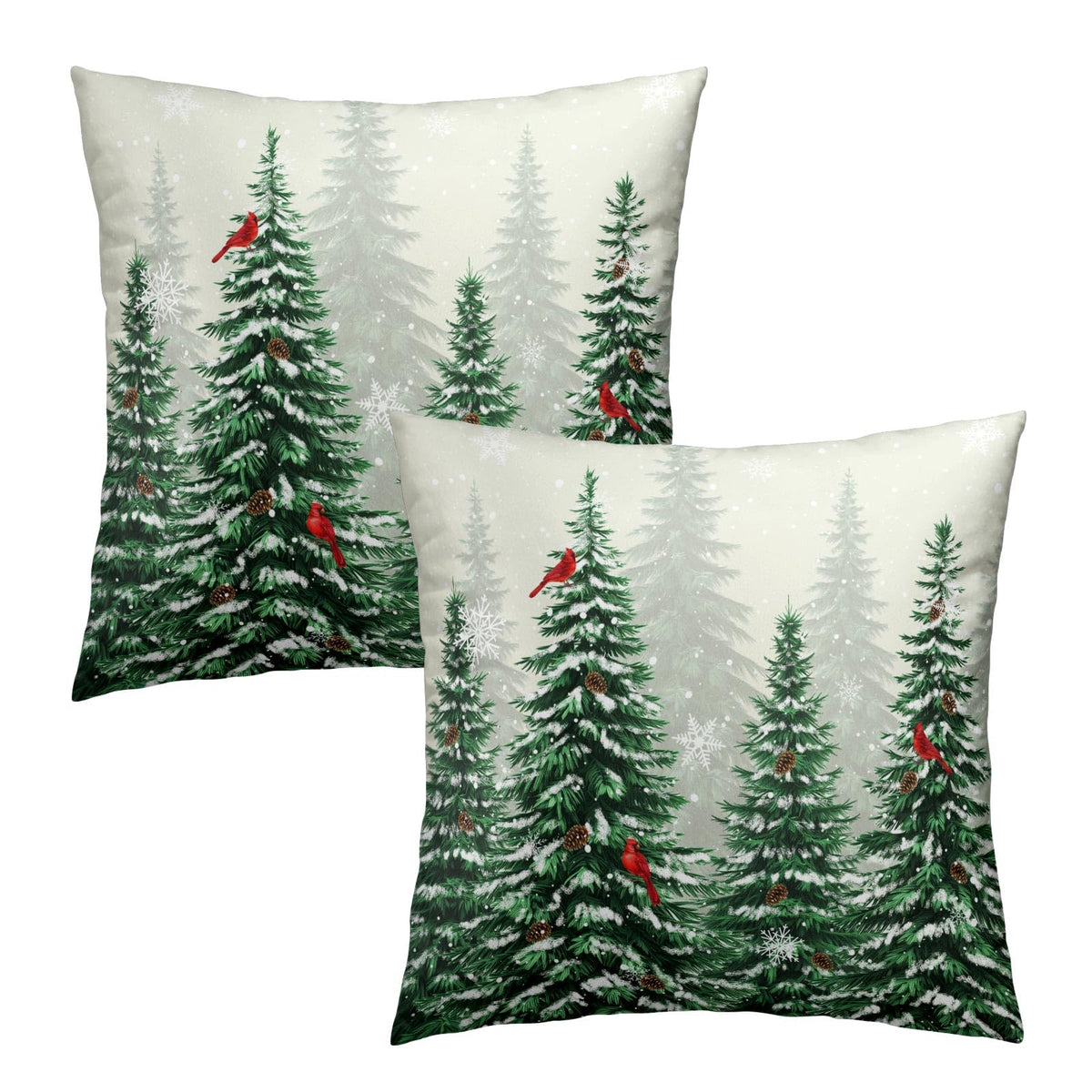 Winter Cardinal Bird Pillow Covers 16x16 Inch,Christmas Pine Tree Throw Pillow Covers Snow Forest Green Trees Cushion Cover Set of 2 Soft Cotton Pillow Cases Square for Home Sofa Living Room Decor