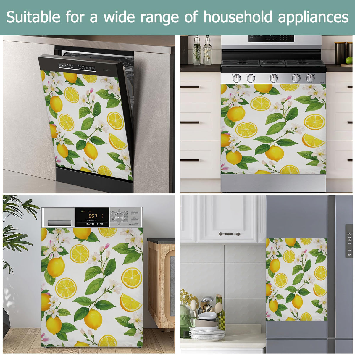 Dishwasher Cover,Lemon Fruit Reusable Dishwasher Magnet Cover,Decorative White Flowers Magnetic Refrigerator Cover Front Panel Cover for Kitchen Decor 23x26 Inch