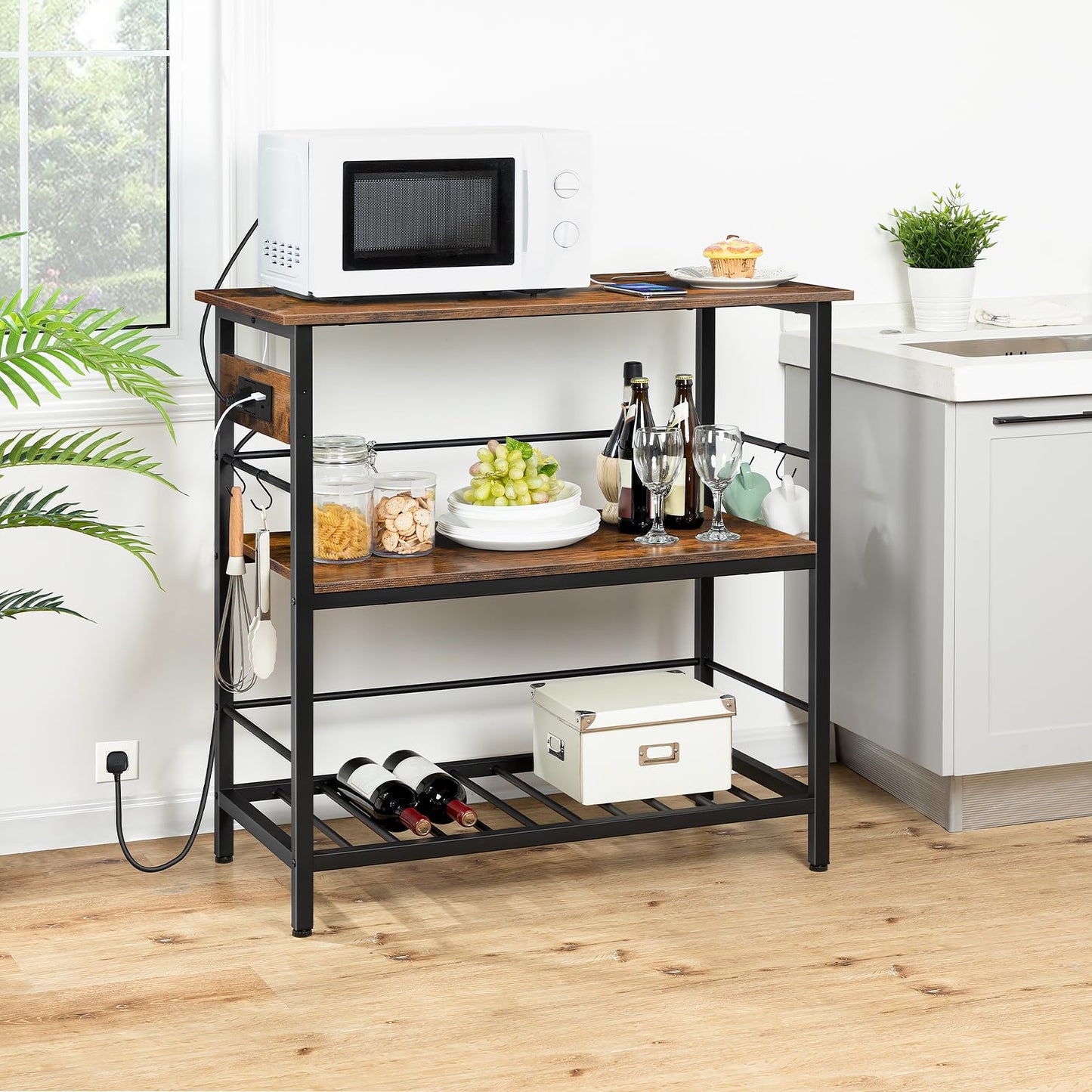 HOOBRO Kitchen Island with Storage, Kitchen Island Table with Power Outlet, 35.4" L 3 Tier Coffee Station and Microwave Stand, for Home, Dining Room, Rustic Brown and Black BF021ZD01