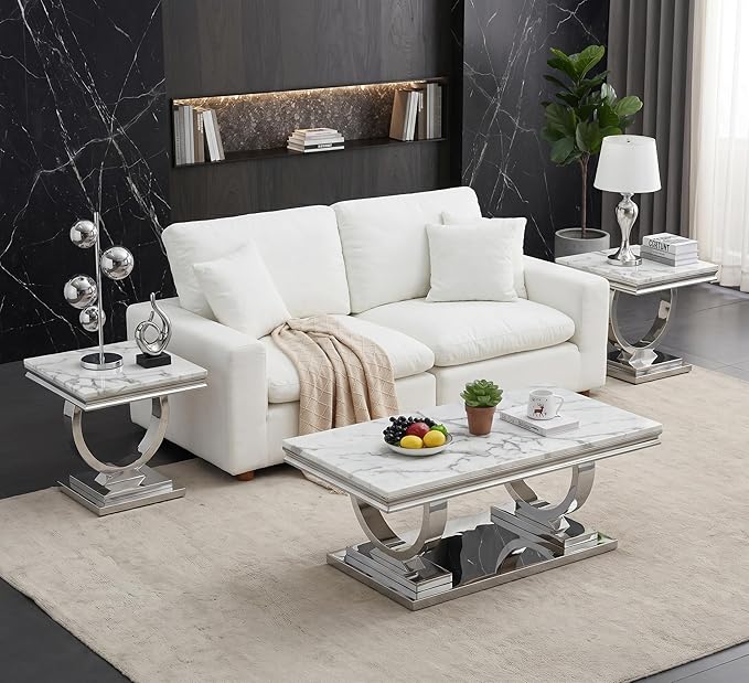 Henf 47" Marble Coffee Table Modern White Faux Marble Center Table