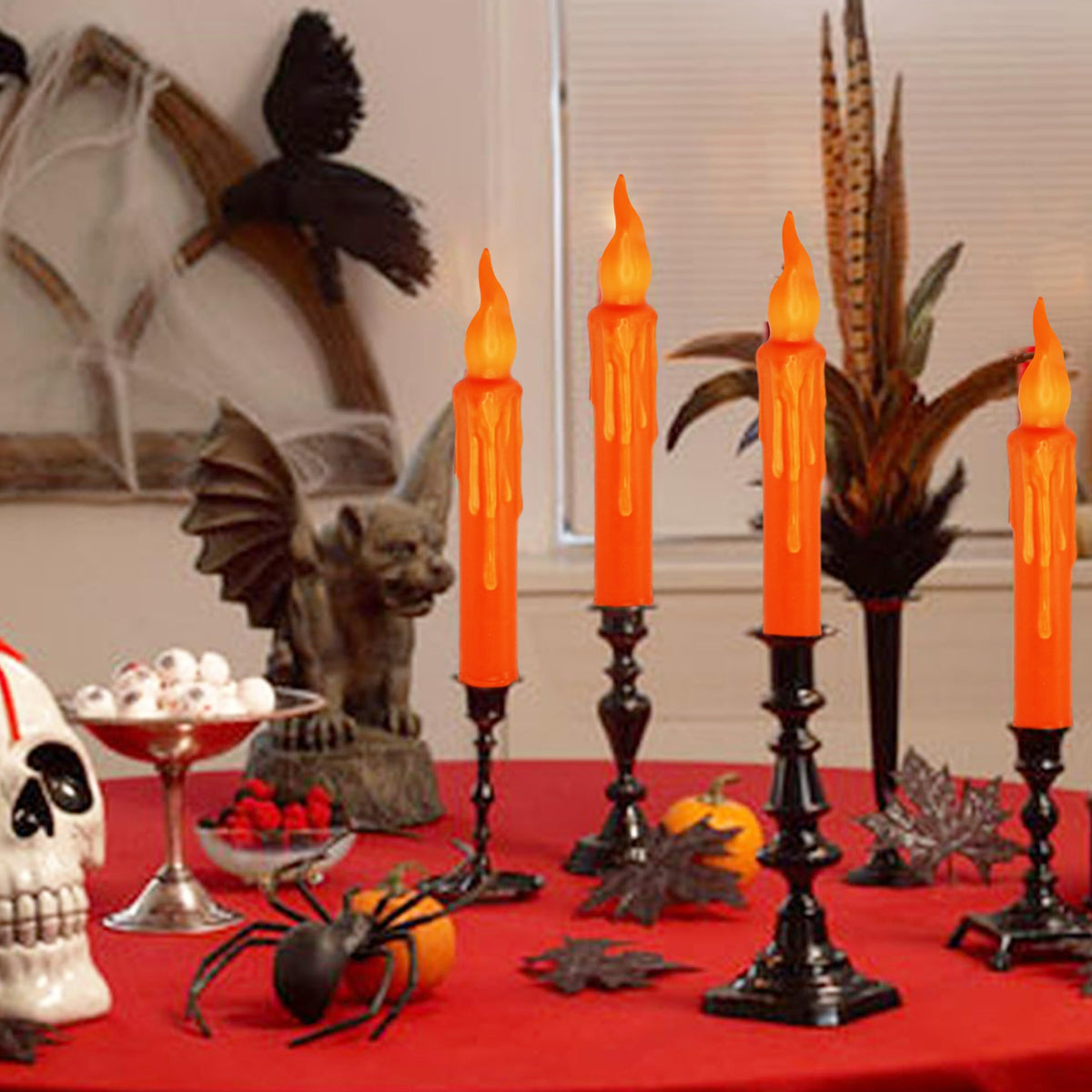 FCMSHAMD Orange Flameless Short Taper Candles, Real Wax Hand Dipped LED Battery Operated with Remote, Flickering Flame Lights for Festival Party Home Décor, 6.7 Inch Primitive Flameless Candles, 4PCS