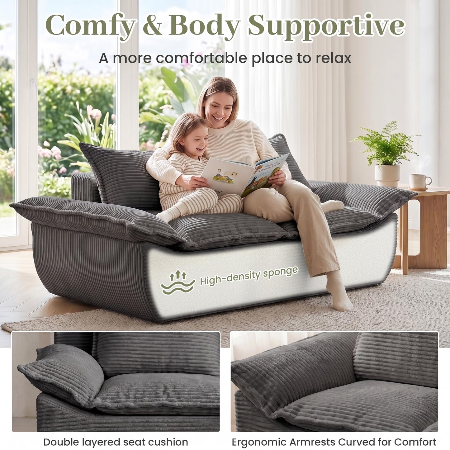 JUIKURY 55" Convertible Corduroy Sofa Bed, Boneless Foldable Loveseat Sleeper Couch, Compressed Foam Floor Sofa with Removable Cushions & Pillows for Small Space Living Room