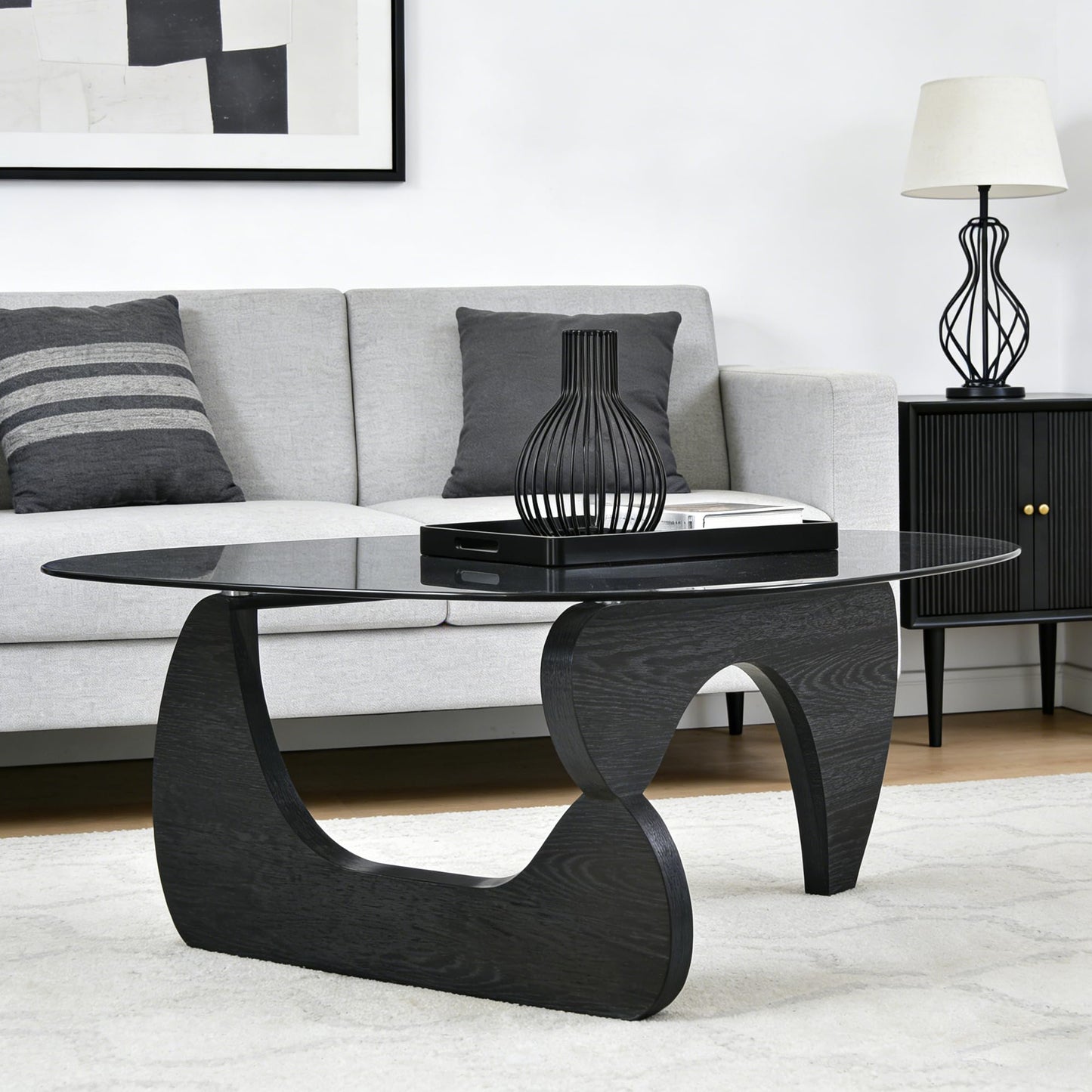 Glass Coffee Table, Coffee Table for Living Room Mid Century Modern Center Table with Tempered Glass-top with Sturdy Wooden Base, for Small Space, Apartment, Easy to Install