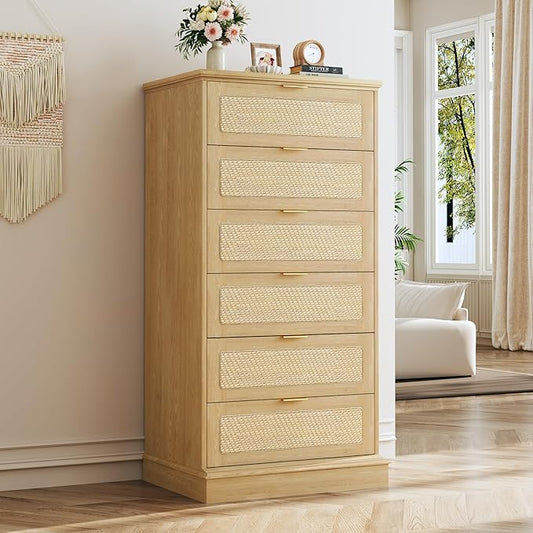 HUAHUU 6 Drawer Dresser for Bedroom, 50 Inch Tall Dressers & Rattan Chest of