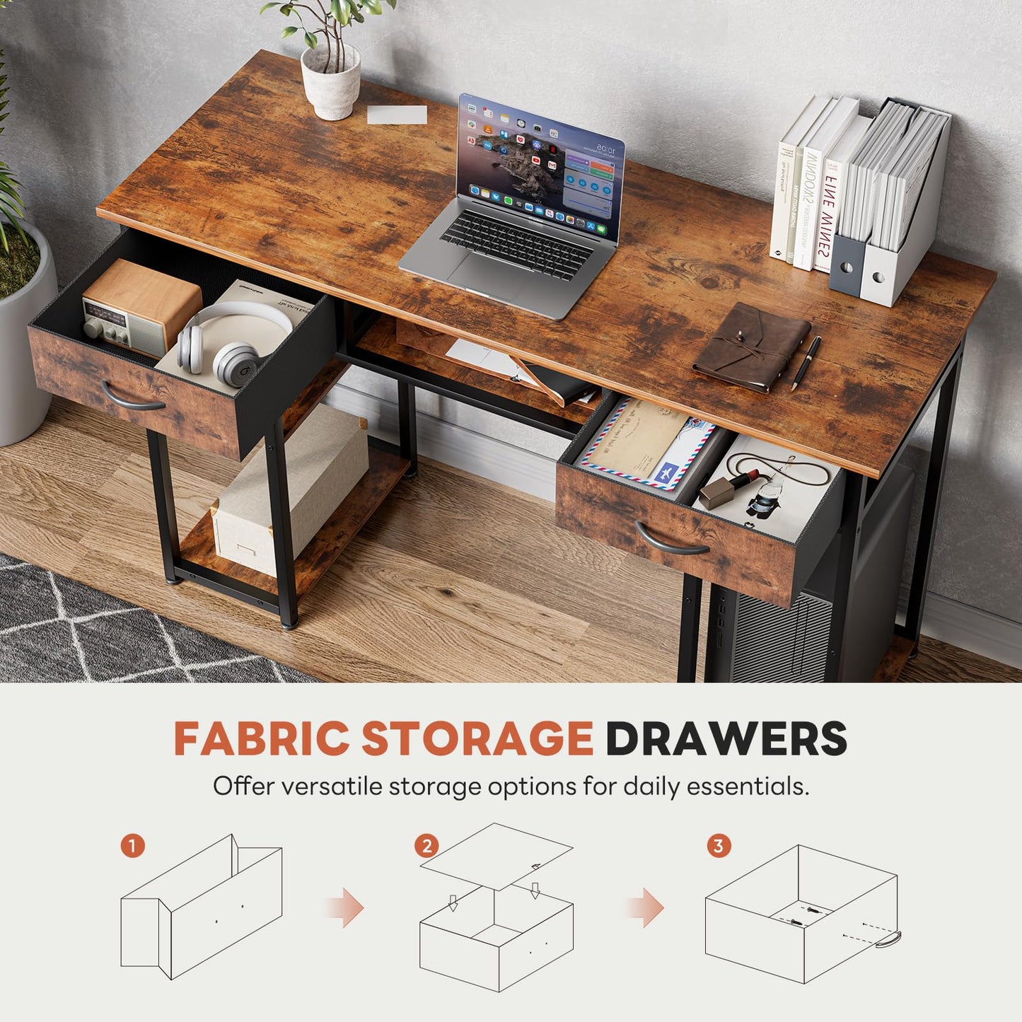 DUMOS 48" Small Computer Home Office Desk for Bedroom with Drawers, Gaming Writing Study Table with Storage Shelf, Adjustable Feet, Metal Frame Natural Brown