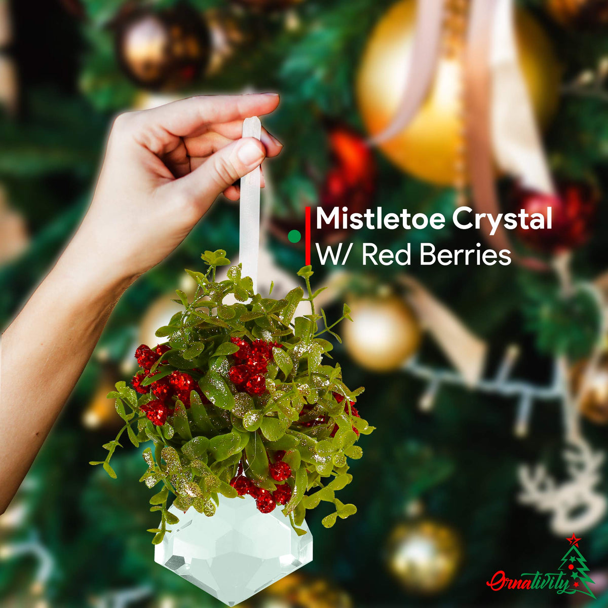 Ornativity Hanging Crystal Mistletoe Ornament - Christmas Decor Doorway Kissing Crystal Gem Stone Mistle Toe Jewel with Berries Ball Xmas Tree Decoration 5"