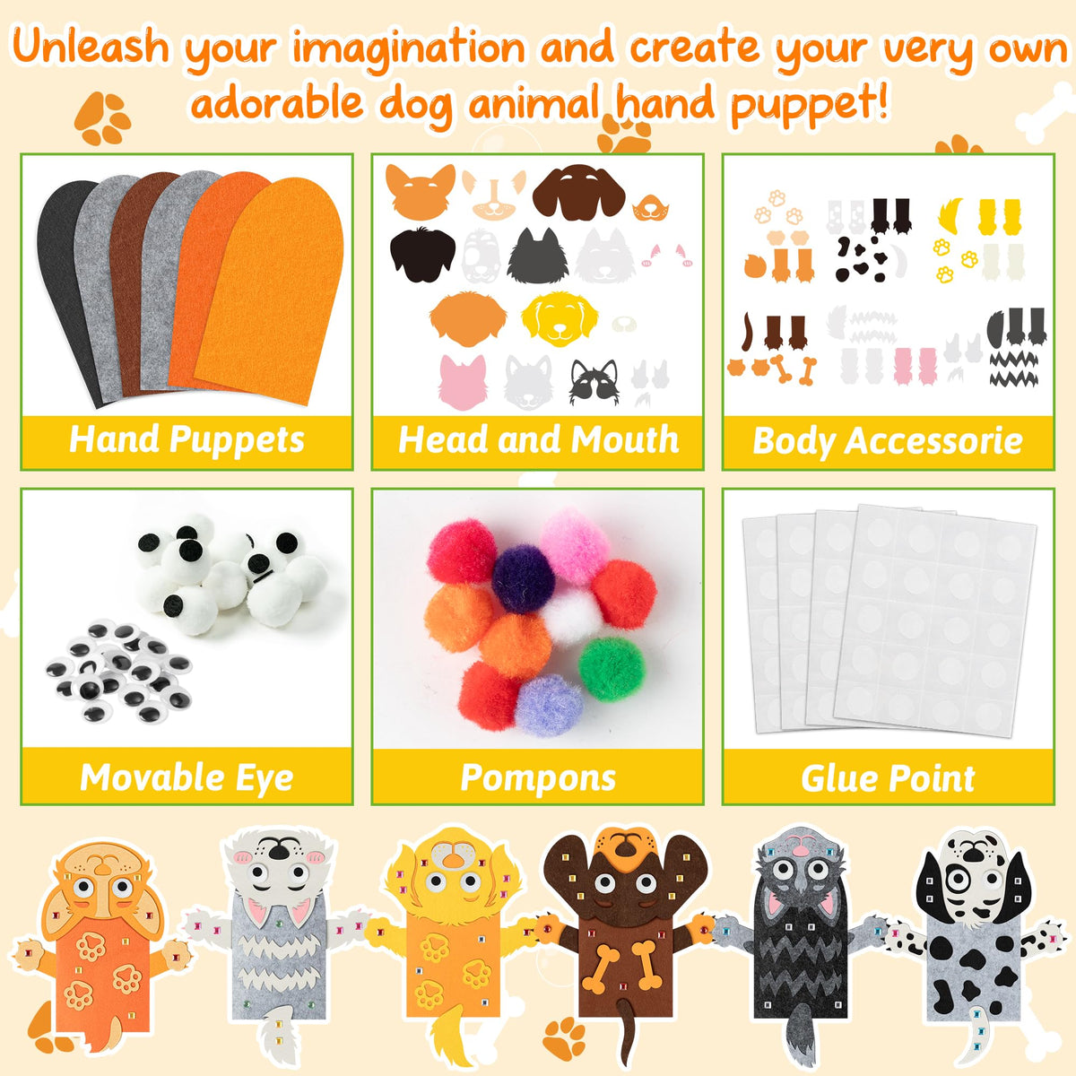 WATINC 6Pcs Hand Puppet Making Kit, Art Craft Felt Sock Puppet Toys, Creative DIY Make Your Own Pompoms Wiggle Googly Eyes Storytelling Role Play Party Supplies Gift for Girls Boys (Dog A)