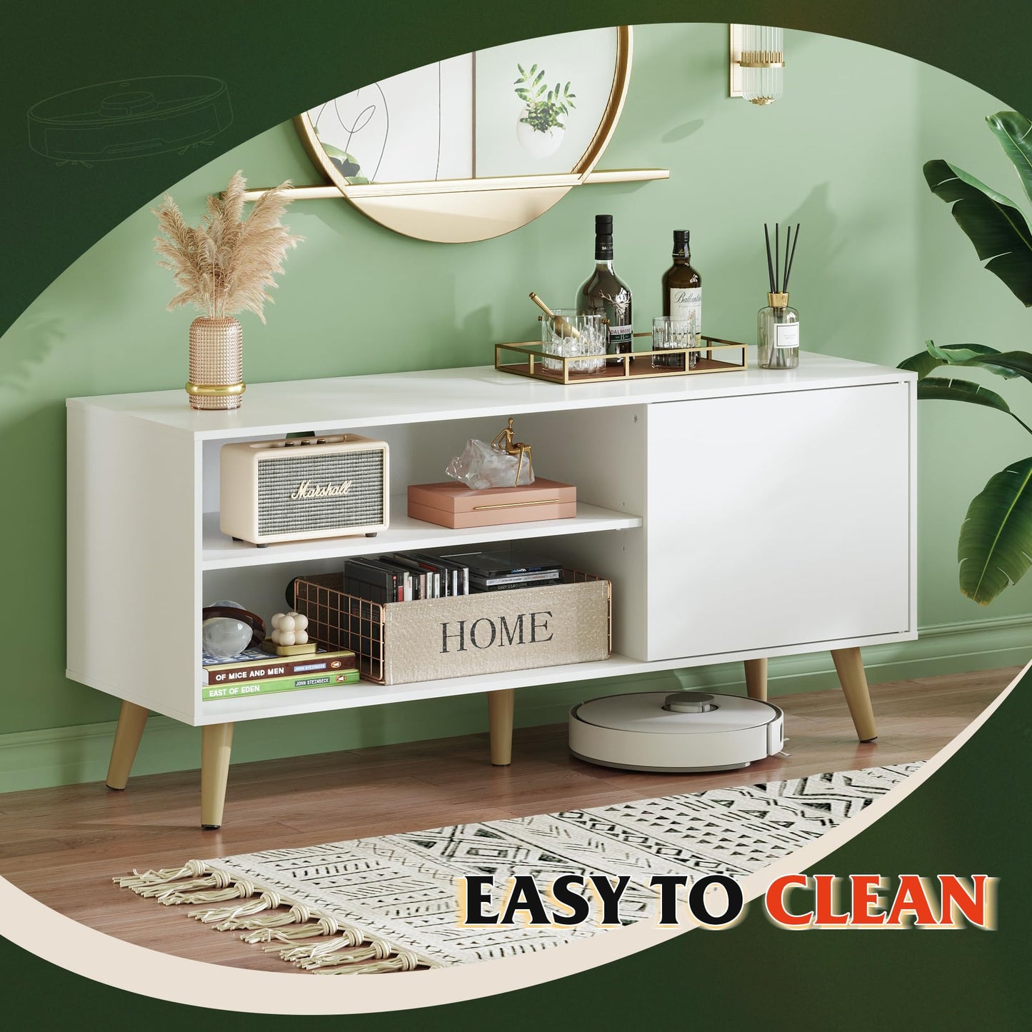 WLIVE TV Stand for 55 Inch TVs, Entertainment Center with Storage Cabinet, Mid-Century TV Stands for Living Room and Bedroom, 50" TV Console, White
