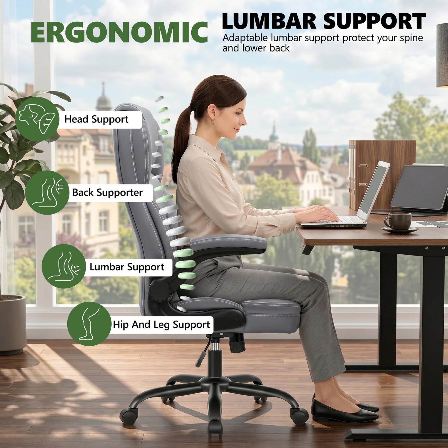 Brick Attic Leather Office Chair with Flip Up Arms, 360° Swivel Ergonomic Desk Chair with Wheels, Adjustable Height Computer Chair with Padded Seat for Home Office, Study,Gaming Room, Gray