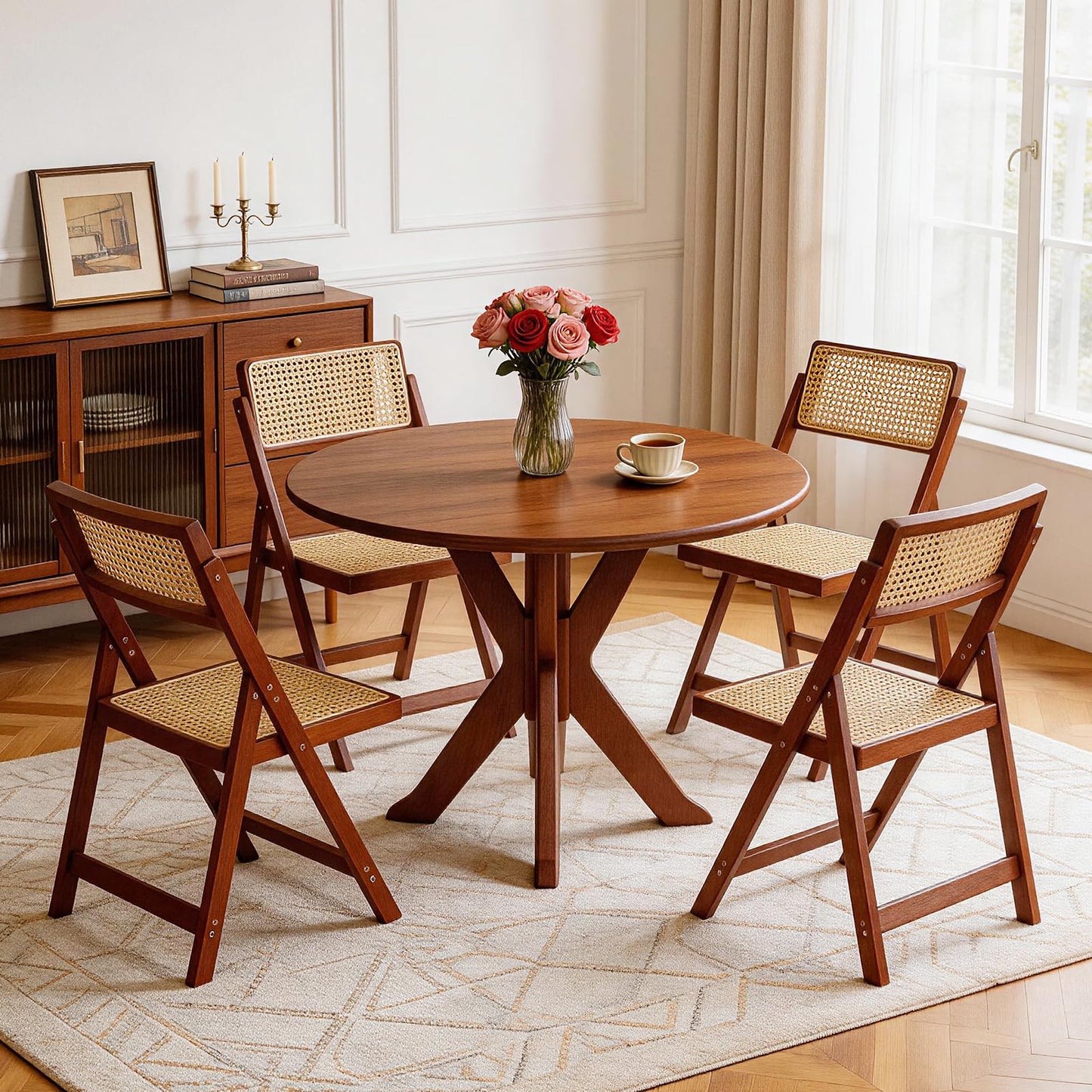 Rattan Dining Chairs,Mid-Century Modern Style Patio Dining Chairs,Rattan Dining Chairs with Adjustable Backrest,Natural Resin Rattan Chair,Suitable for Balcony,Porch,Deck,Backyard,Walnut,Set of 4