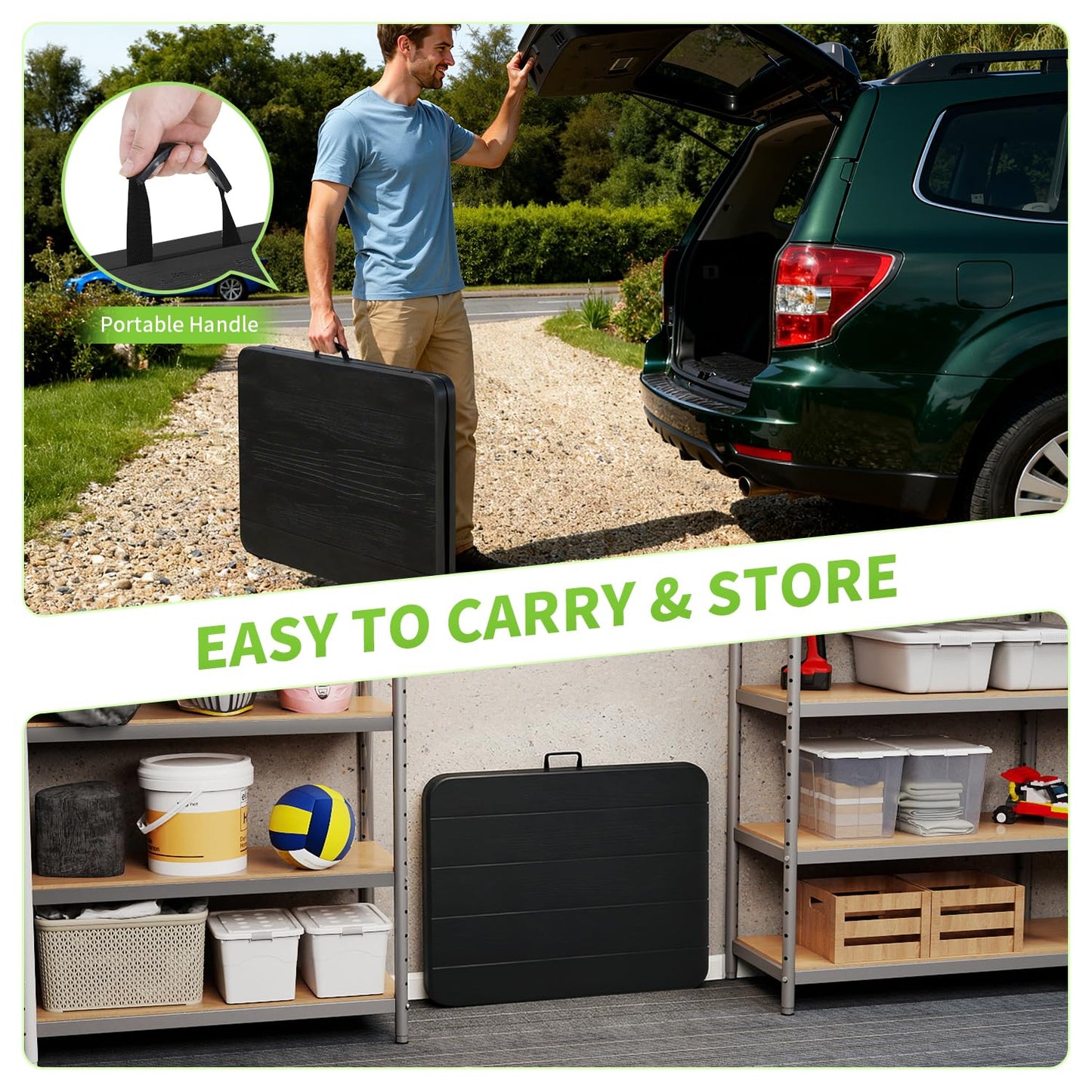 BestOffice 6 FT Picnic Table, Portable Plastic Folding Table with Carrying Handle Perfect for Picnics, Parties, Party and Camping, Black Wood Grain