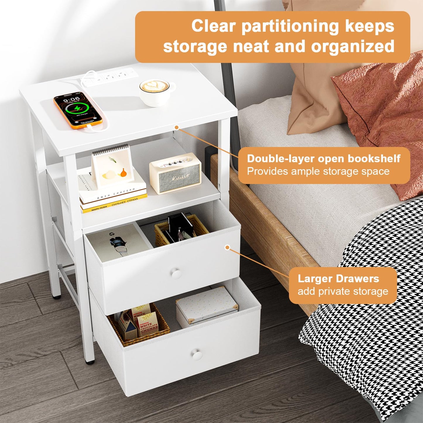 Smoproper Nightstand with Charging Station, Bedside End Table with 2 Fabric Drawers for Bedroom, Side Table with USB Ports and Outlets (White)