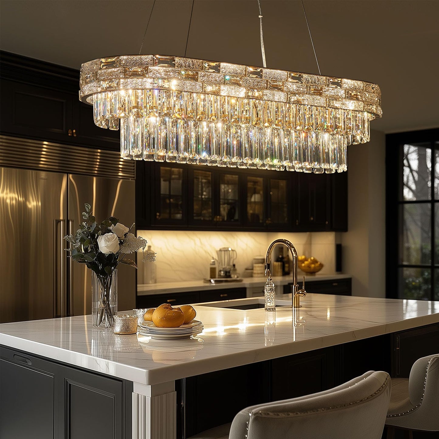 HUANXISHA 34.3" L Modern Crystal Chandeliers for Dining Room 12 Lights Gold Chandelier Large Luxury Chandelier Pendant Light Fixture, Kitchen Island,Entryway,Living Room 34.3" L x 8.7" H