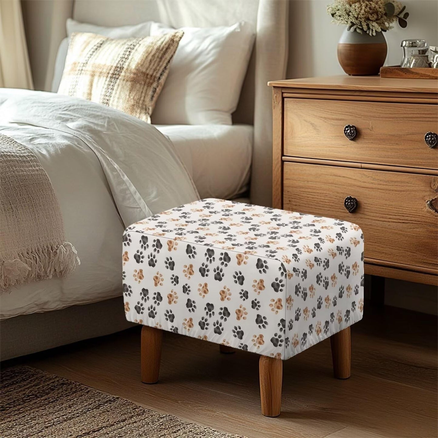 Cugasmaru Ottoman Cover Rectangle Pet Paw Print Ottoman Slip Cover with Pattern Small Bench Covers Slipcover Rectangle Furniture Protector with Elastic Bottom for Living Room Decor