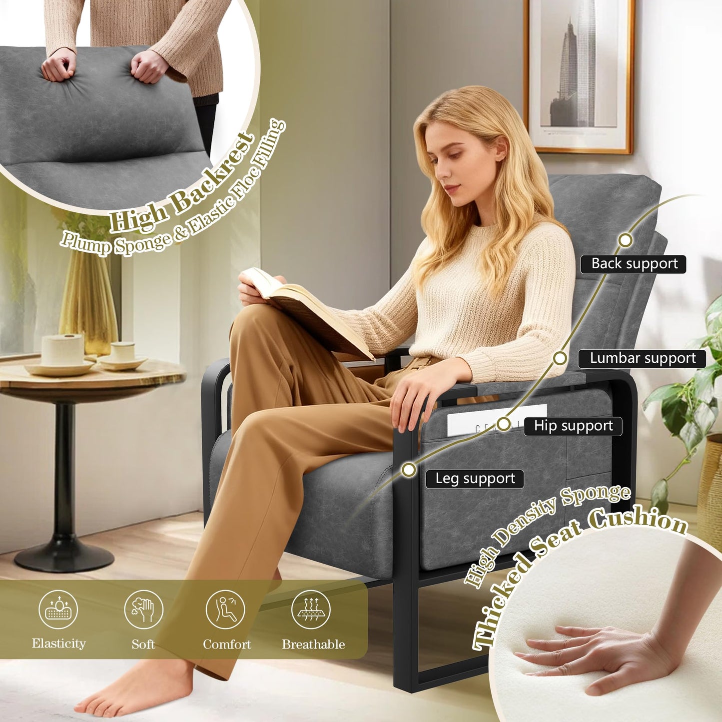 Apeaka PU Leather Accent Chair, Modern Armchair with Foldable Table Upholstered Side Chairs for Living Room Bedroom Office Chair Grey